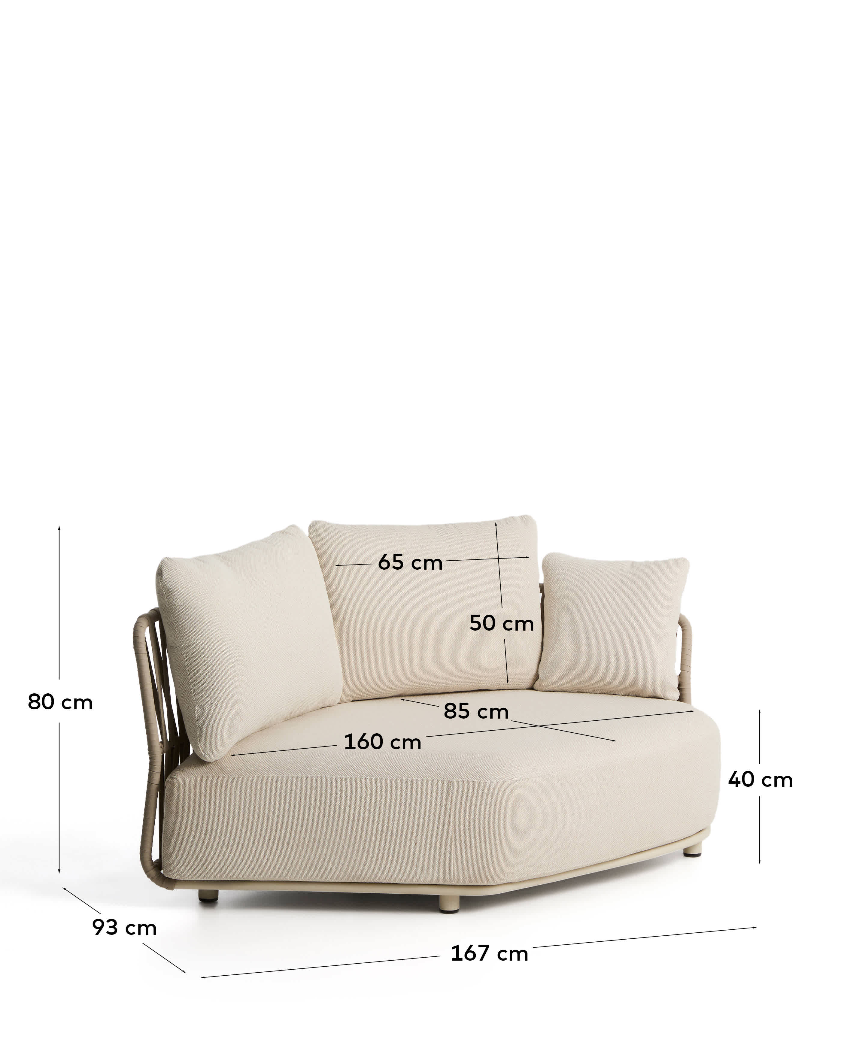 Osani curved module in ecru aluminium and taupe rope cord 167cm