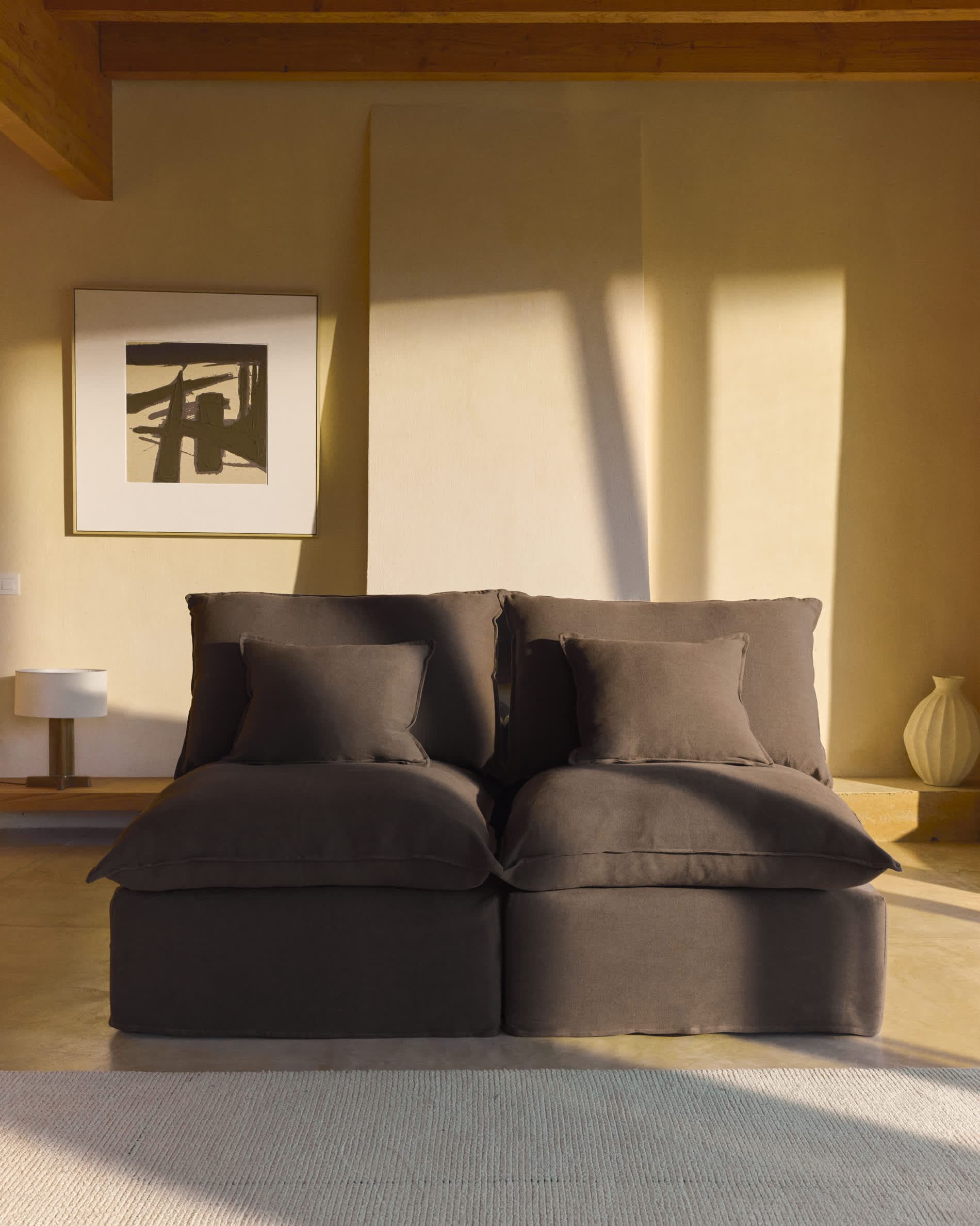 Anarela 100% taupe linen 2-seater modular sofa with removable cover 180cm FSC Mix Credit