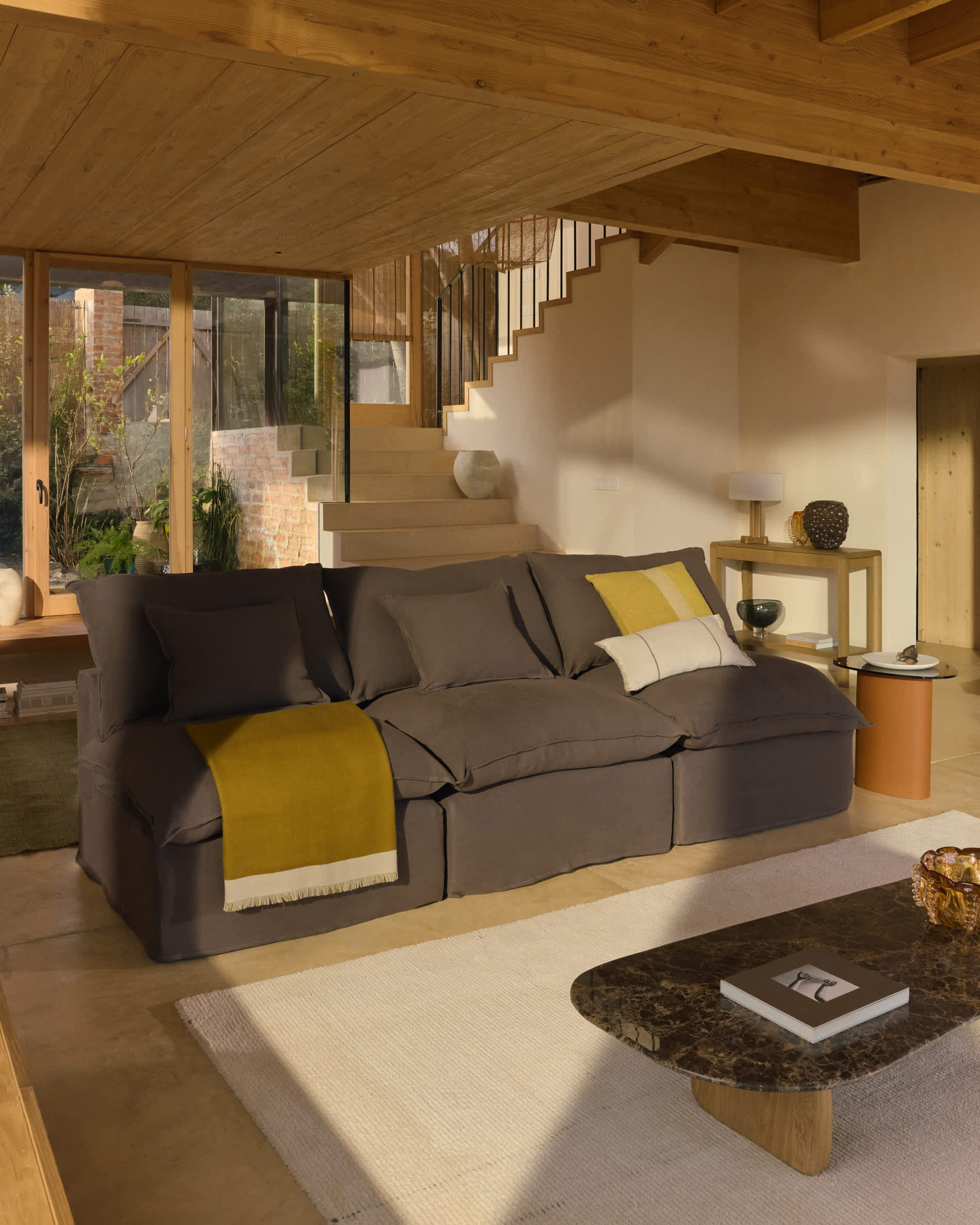 Anarela 100% taupe linen 3-seater modular sofa with removable cover 270cm FSC Mix Credit