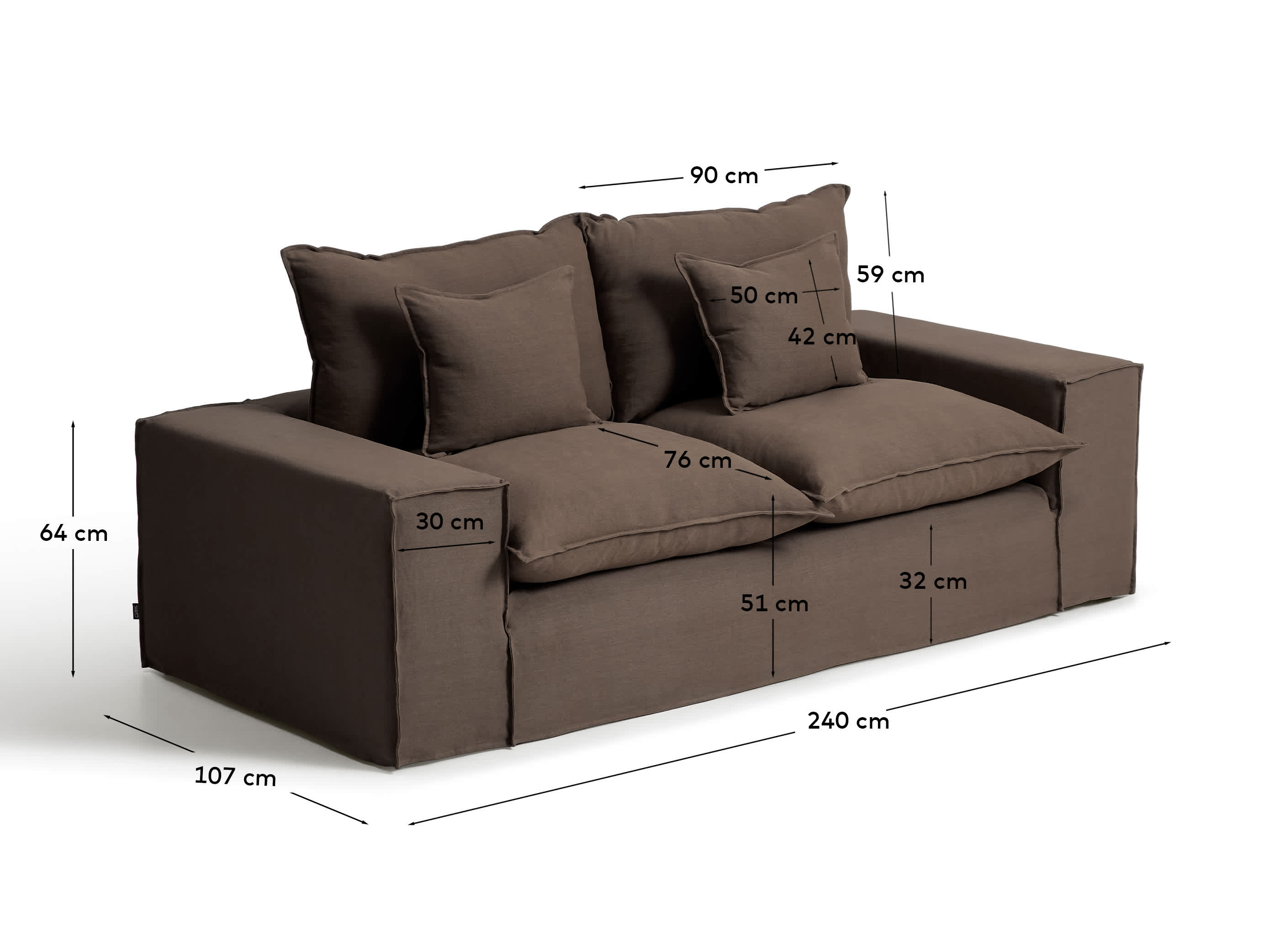 Anarela 100% taupe linen 2-seater sofa with removable cover 240 cm FSC Mix Credit