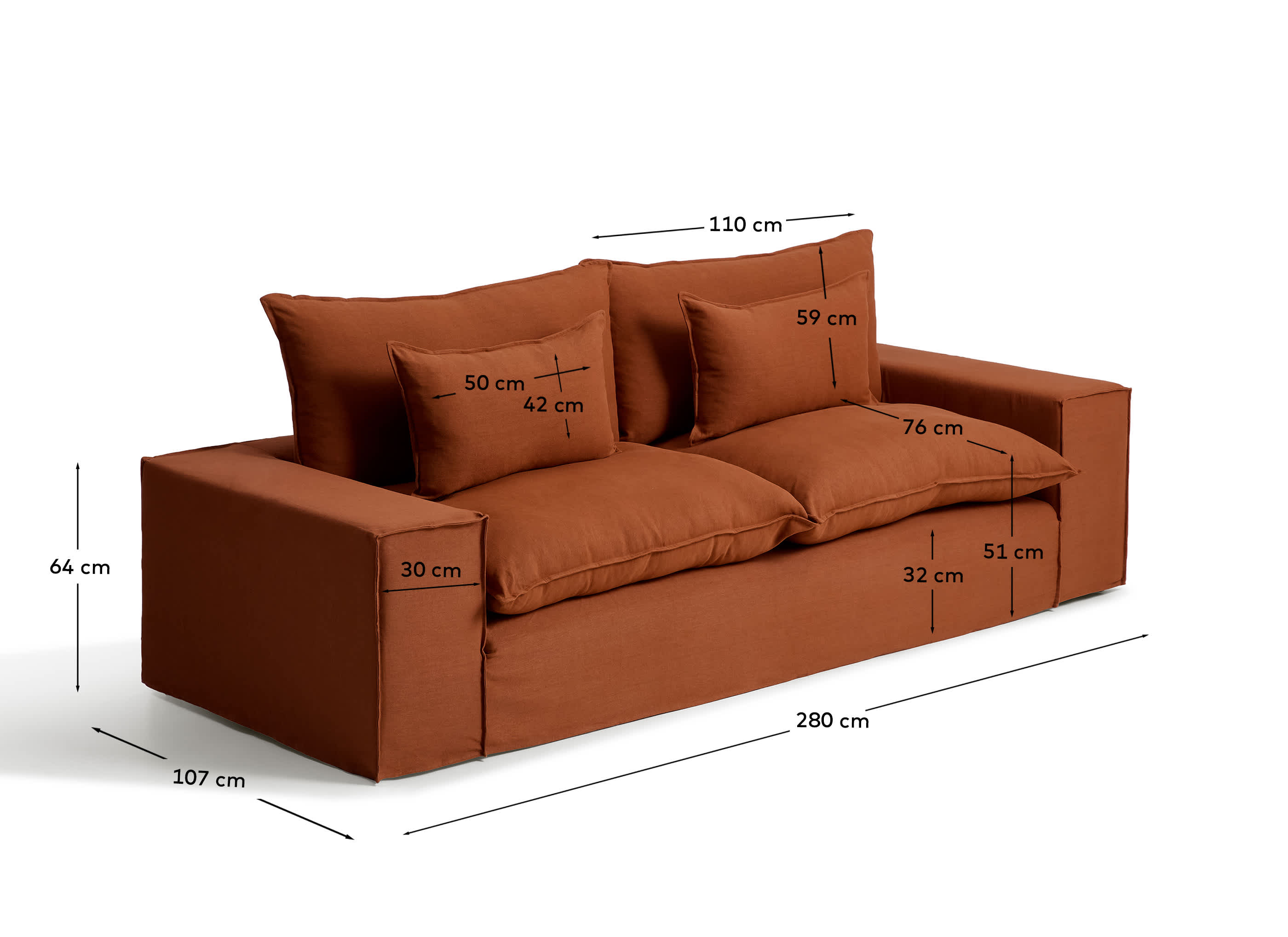 Anarela 100% terracotta linen 3-seater sofa with removable cover 280 cm FSC Mix Credit