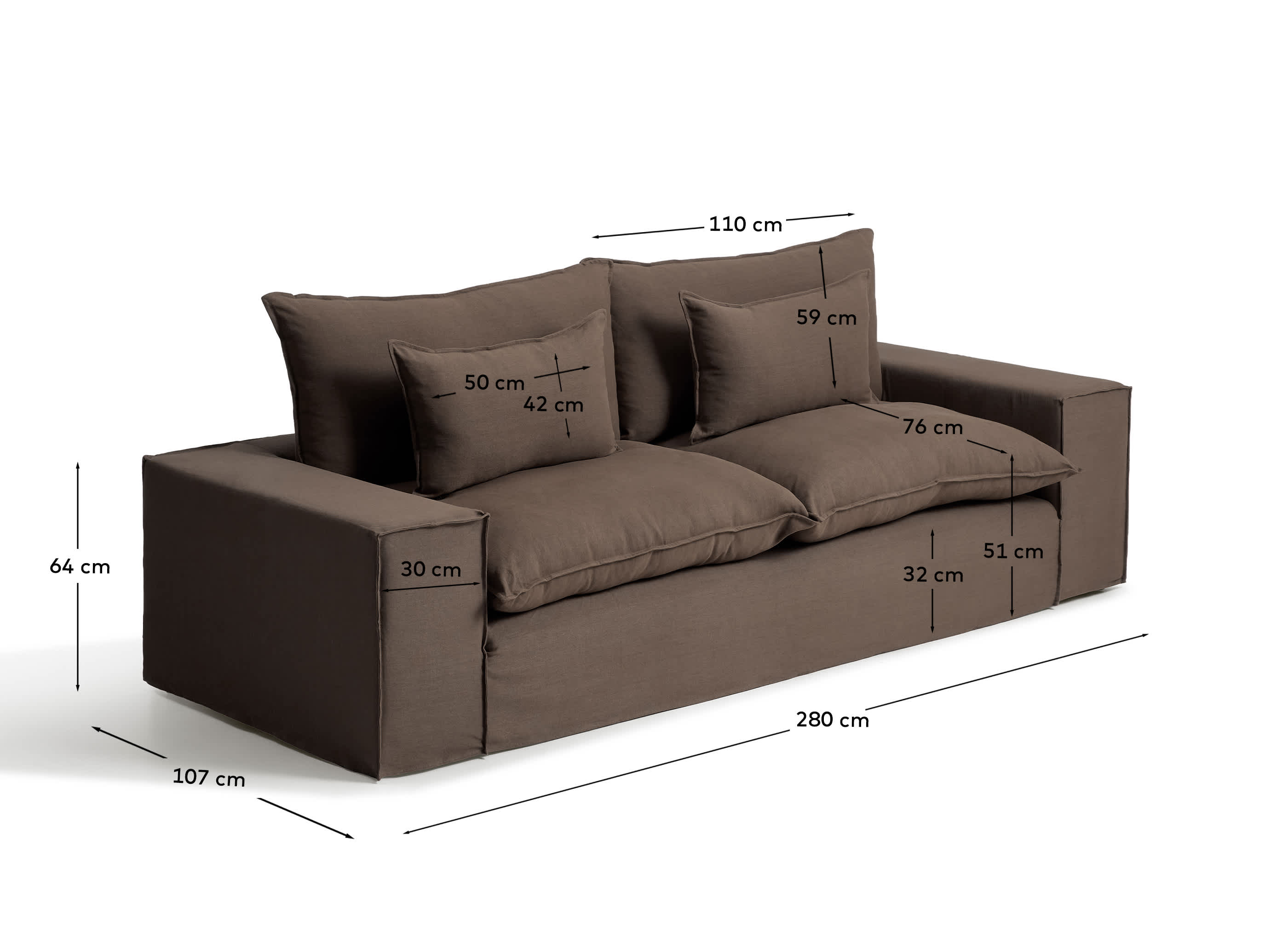 Anarela 100% taupe linen 3-seater sofa with removable cover 280 cm FSC Mix Credit