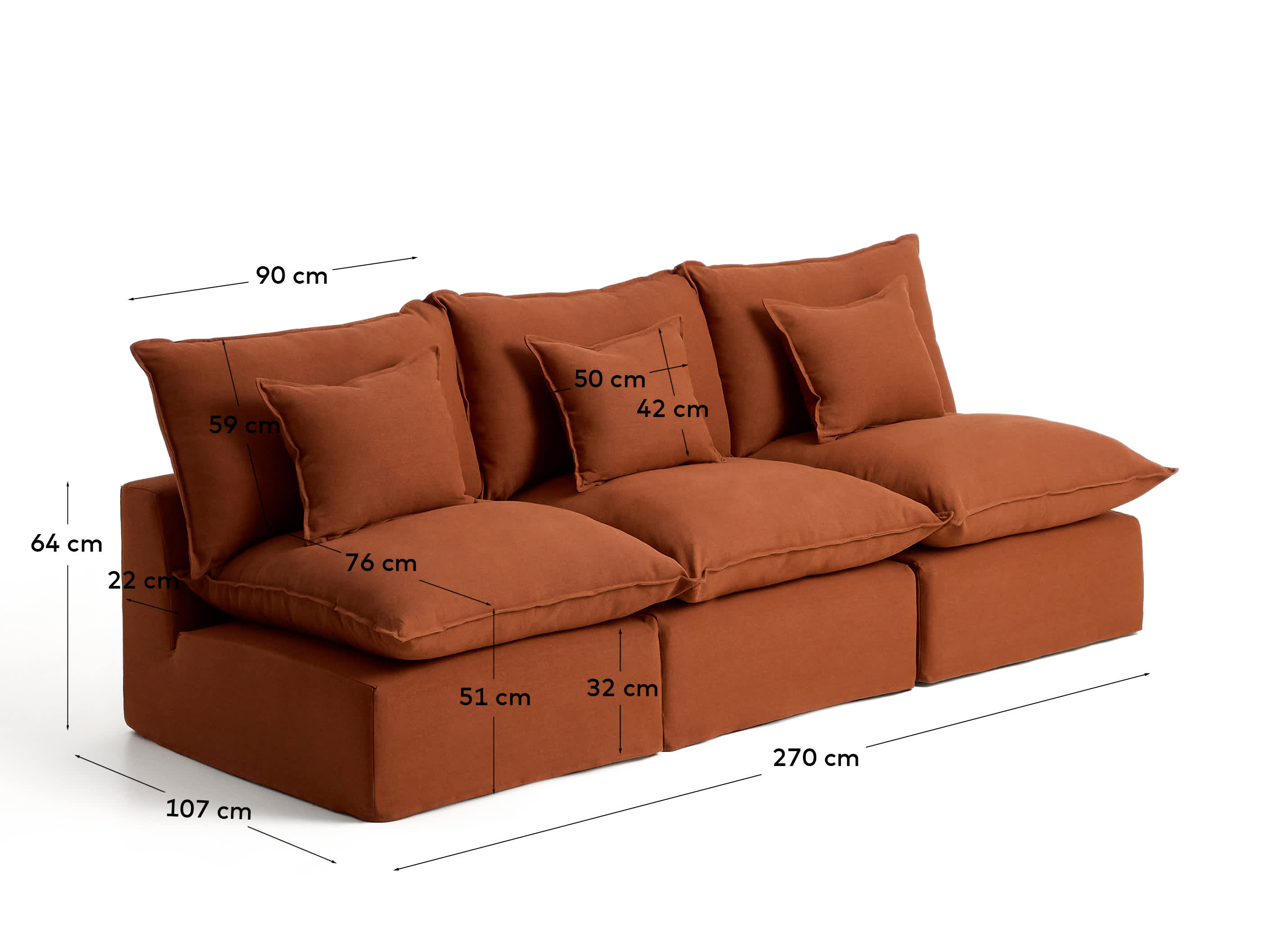 Anarela 100% terracotta linen 3-seater modular sofa with removable cover 270cm FSC Mix Credit