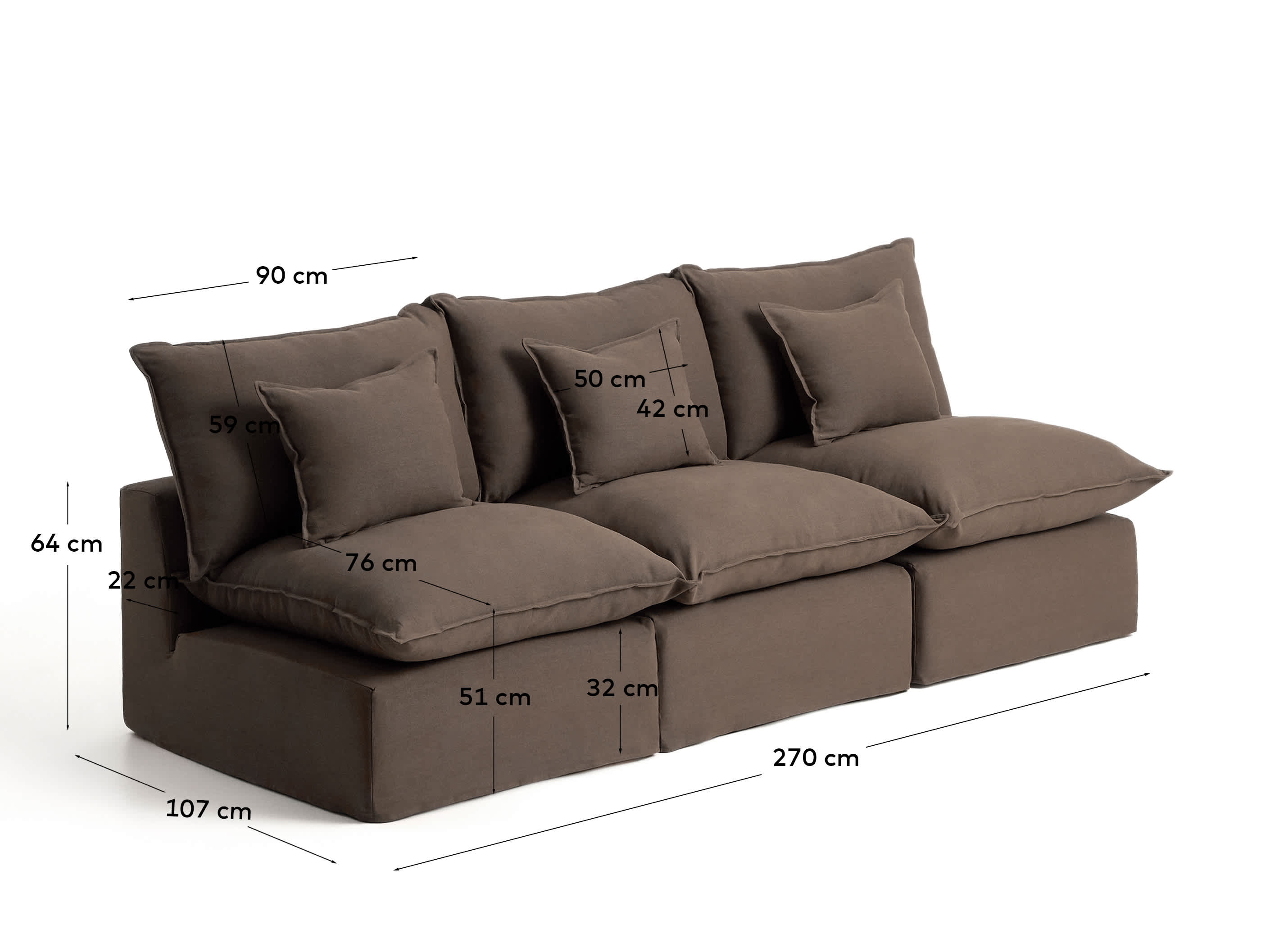 Anarela 100% taupe linen 3-seater modular sofa with removable cover 270cm FSC Mix Credit