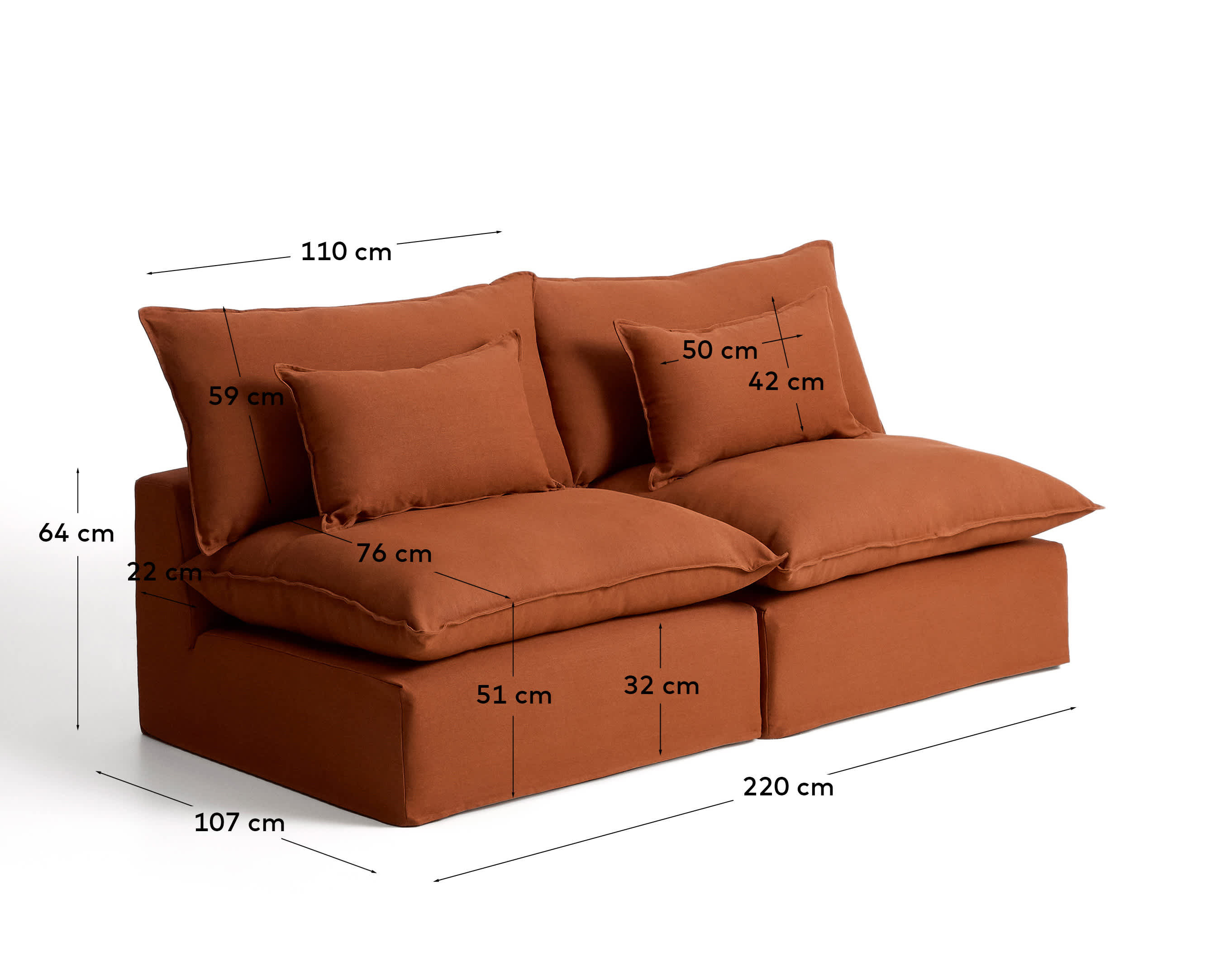 Anarela 100% terracotta linen 3-seater modular sofa with removable cover 220cm FSC Mix Credit