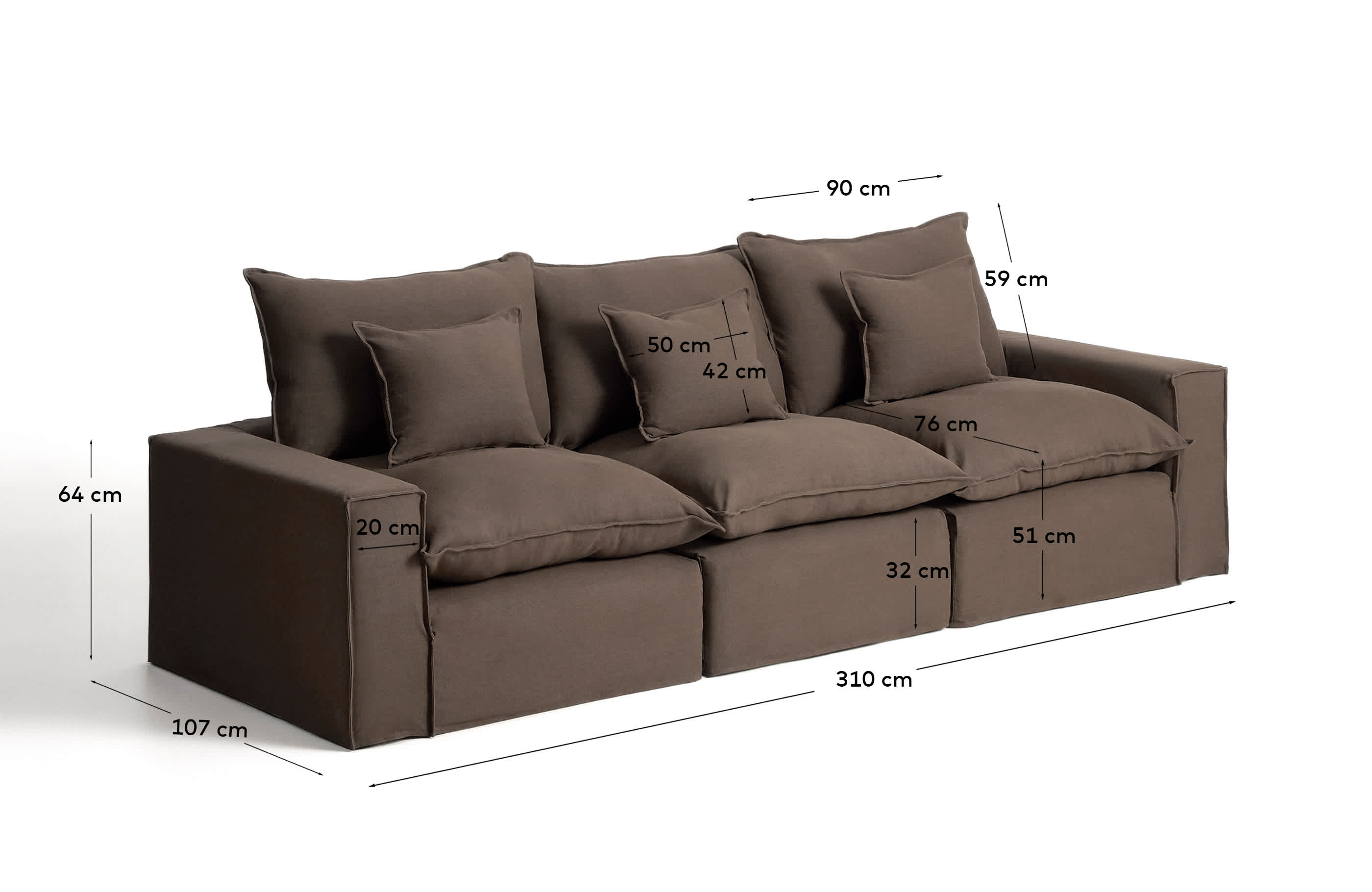 Anarela 100% taupe linen 3-seater modular sofa with removable cover 310cm FSC Mix Credit