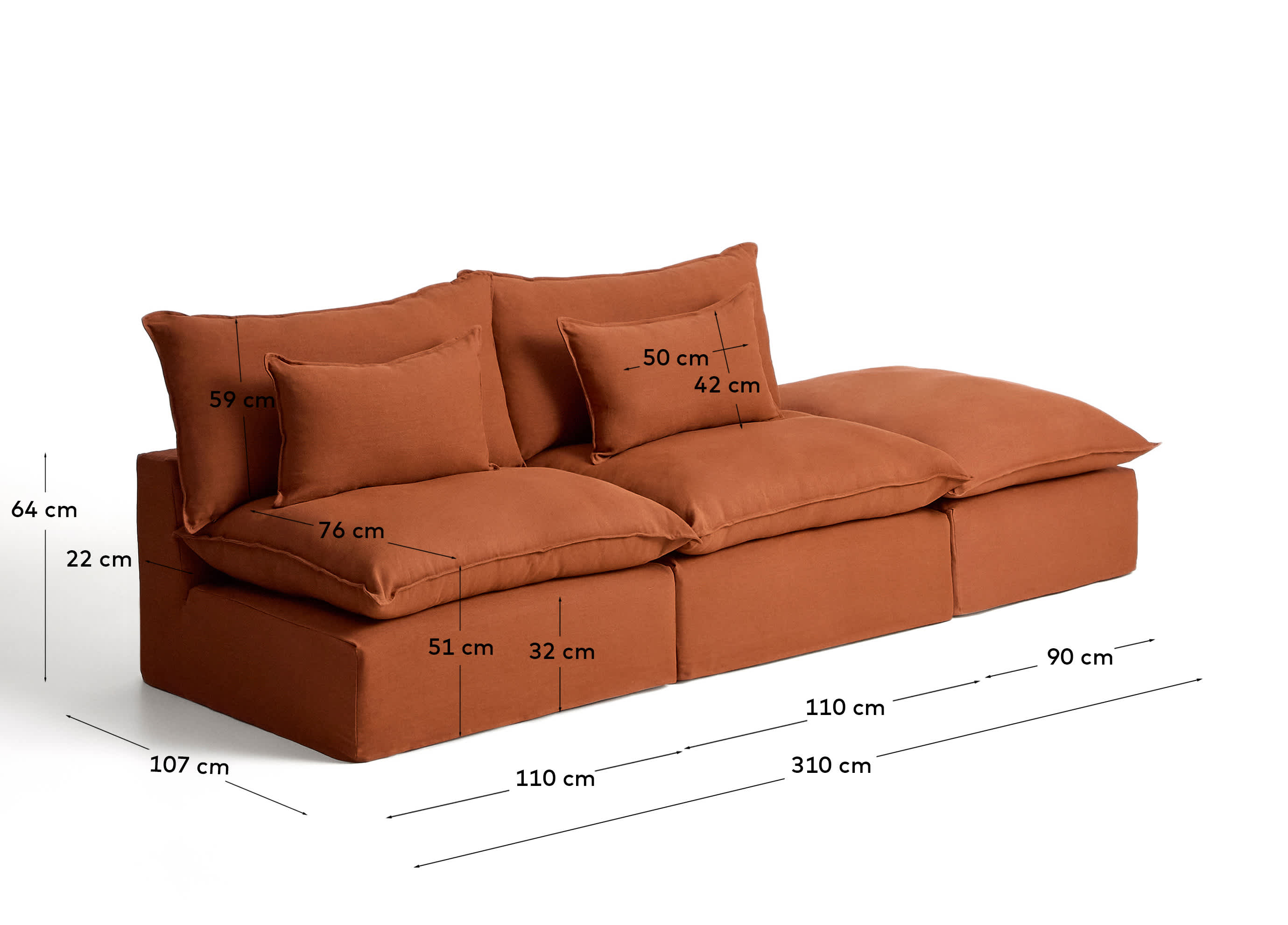 Anarela 100% terracotta linen 3-seater modular sofa with end module and removable cover 310cm FSC Mix Credit