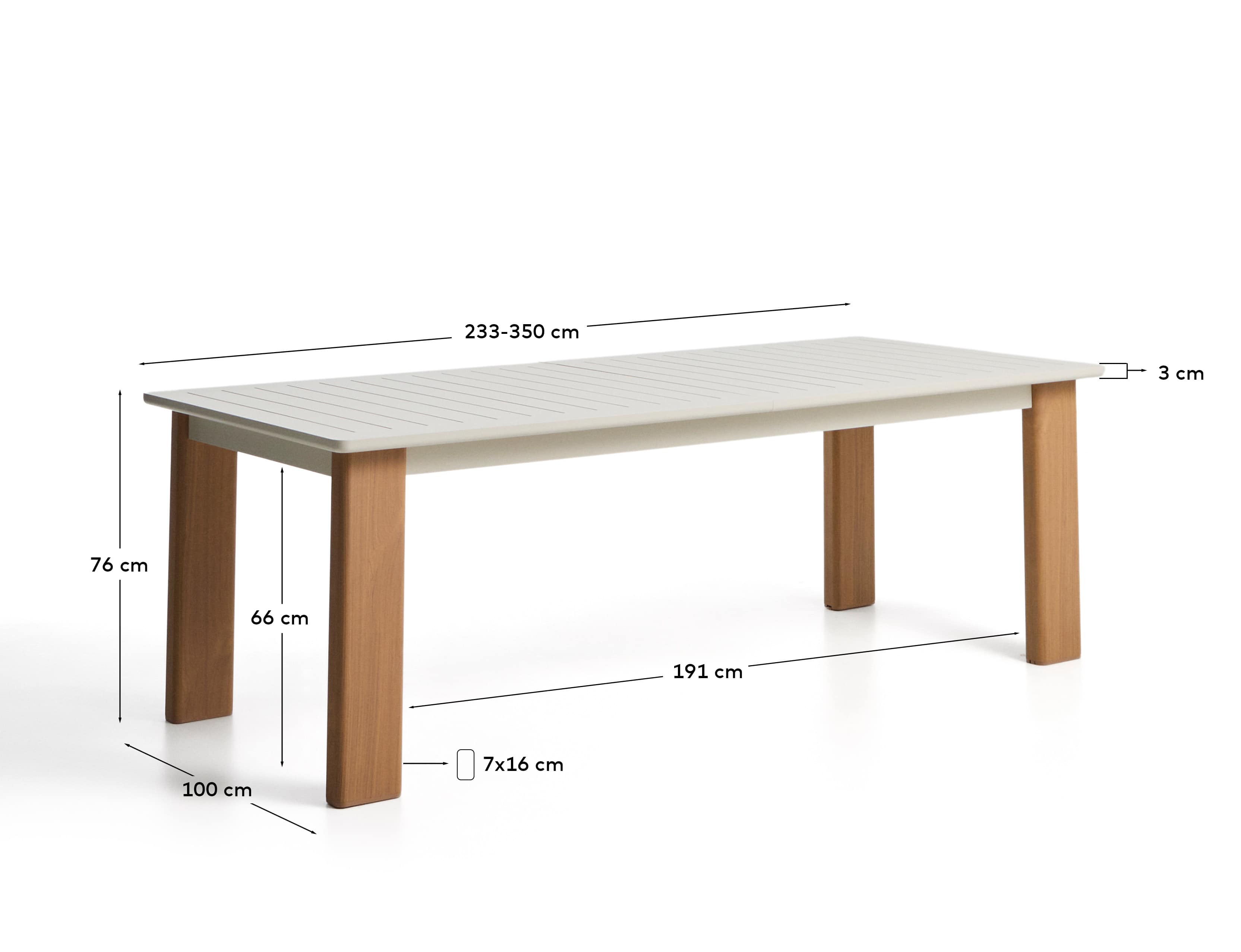Livorno extendable table in ecru aluminium with wood-effect legs 233(350) x 100cm