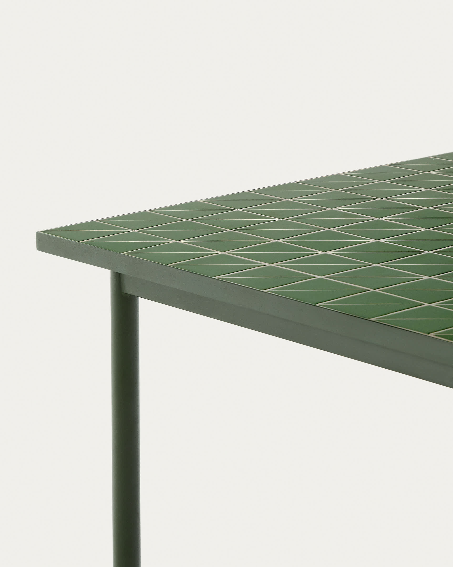 Maurina set with green galvanised steel and tiled table and 6 green galvanised steel and rope cord stackable chairs 223 x 101cm