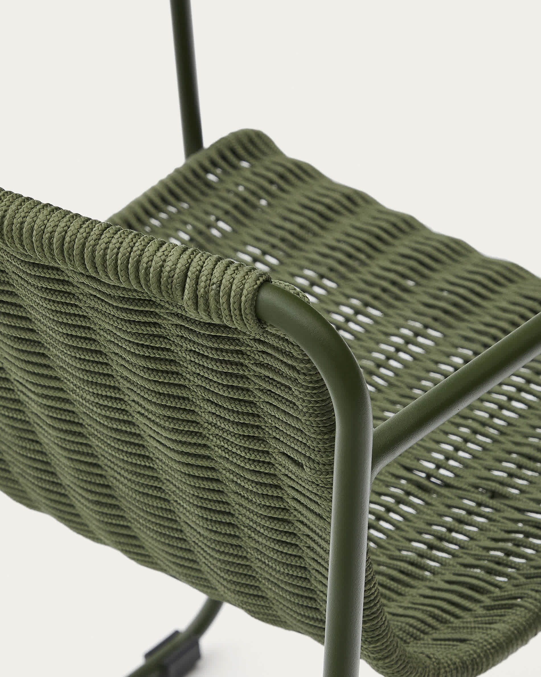 Maurina set with green galvanised steel and tiled table and 6 green galvanised steel and rope cord stackable chairs 223 x 101cm