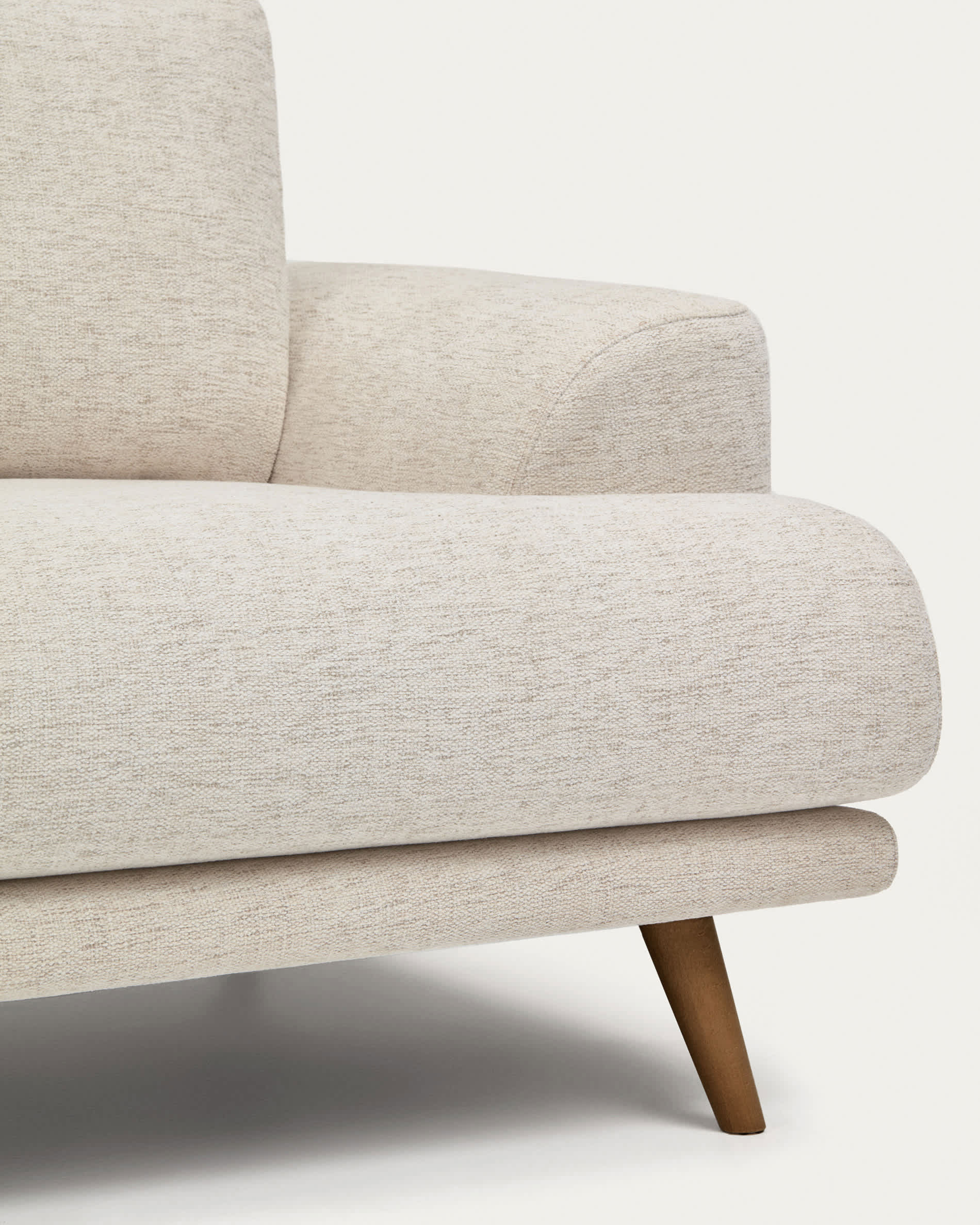 Karin beige 3-seater sofa with solid beech wood legs in walnut-tone finish 231 cm