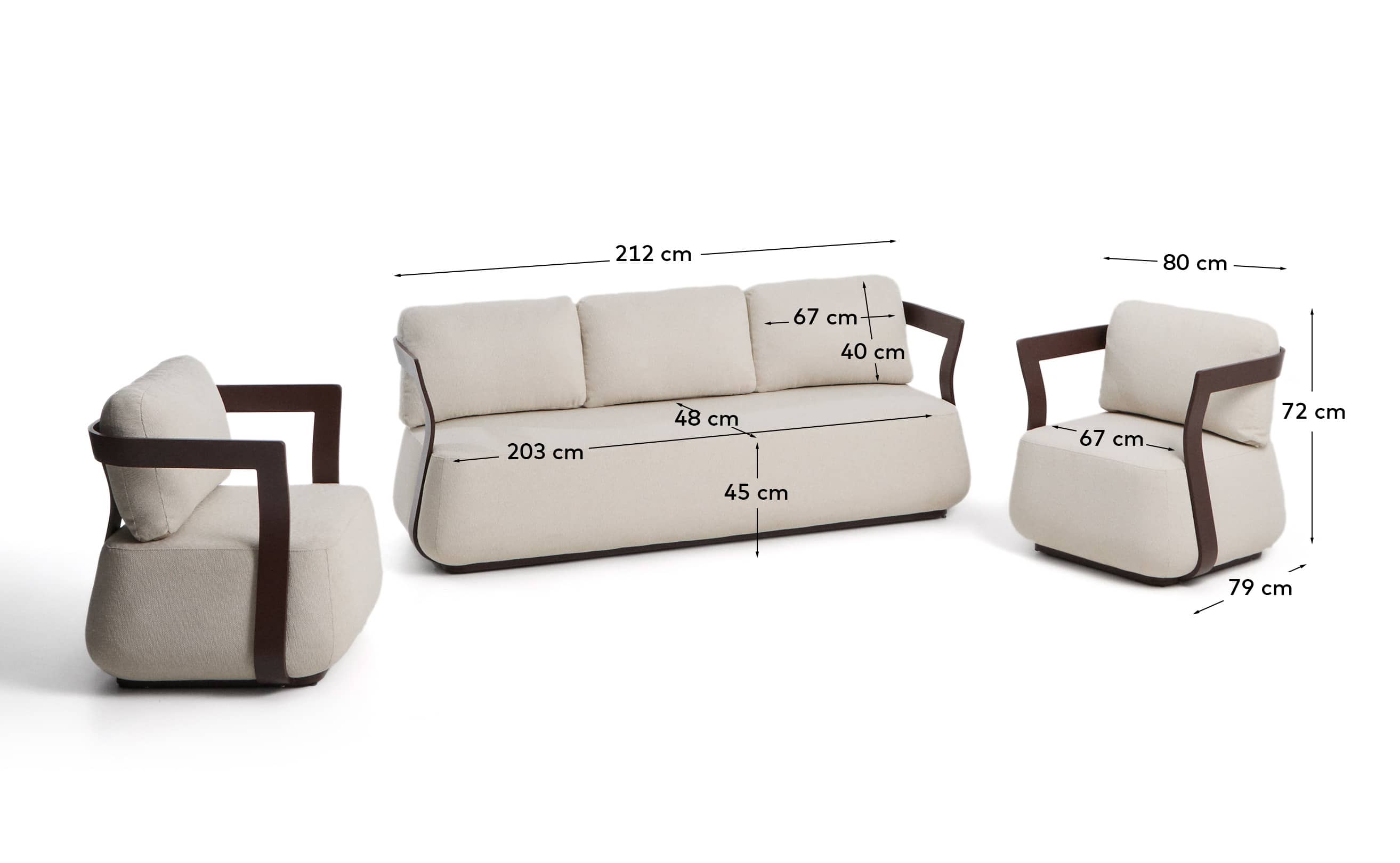 Tamaris set with 3-seater sofa and 2 armchairs in brown aluminium