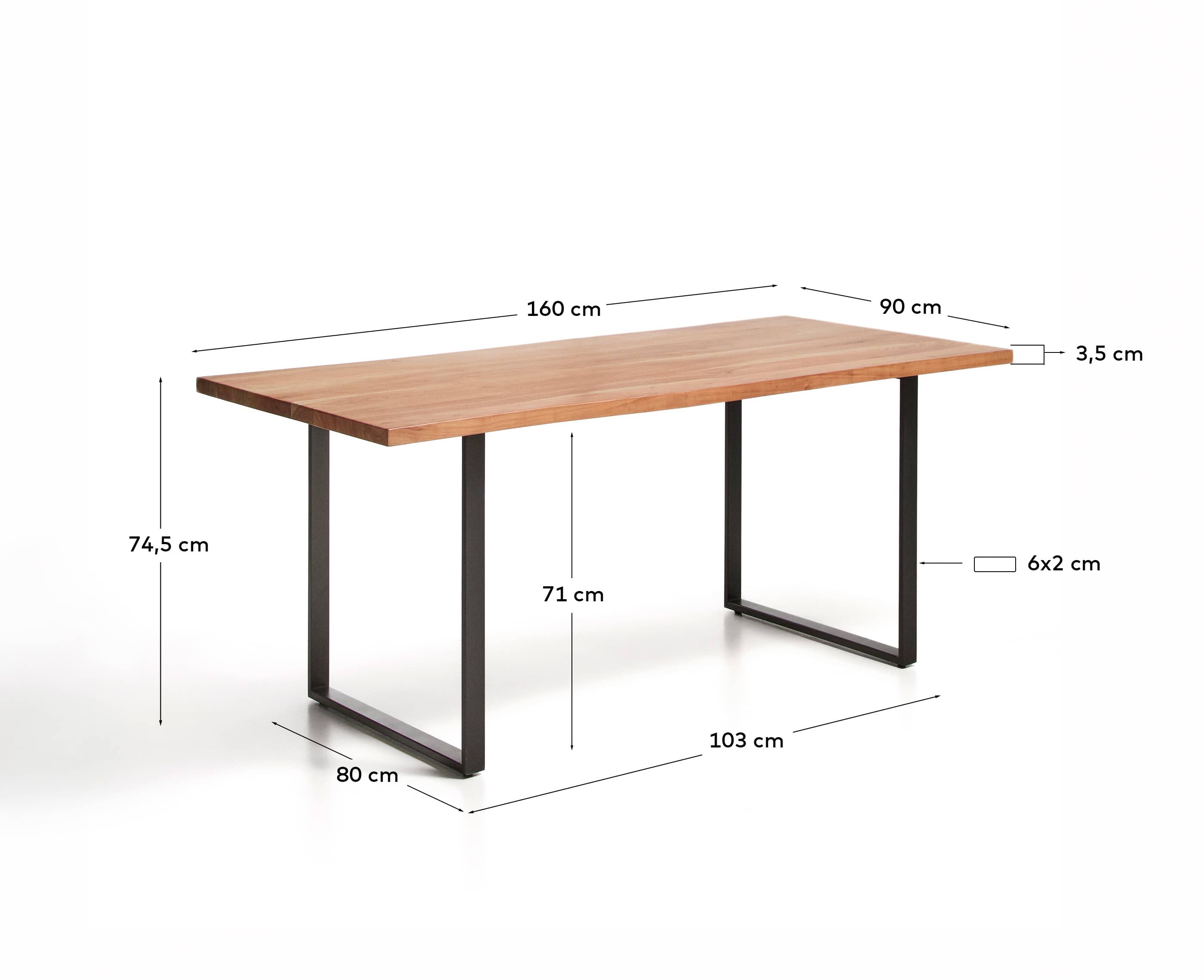 Uxue table in solid acacia wood with black steel legs 160 x 90 cm