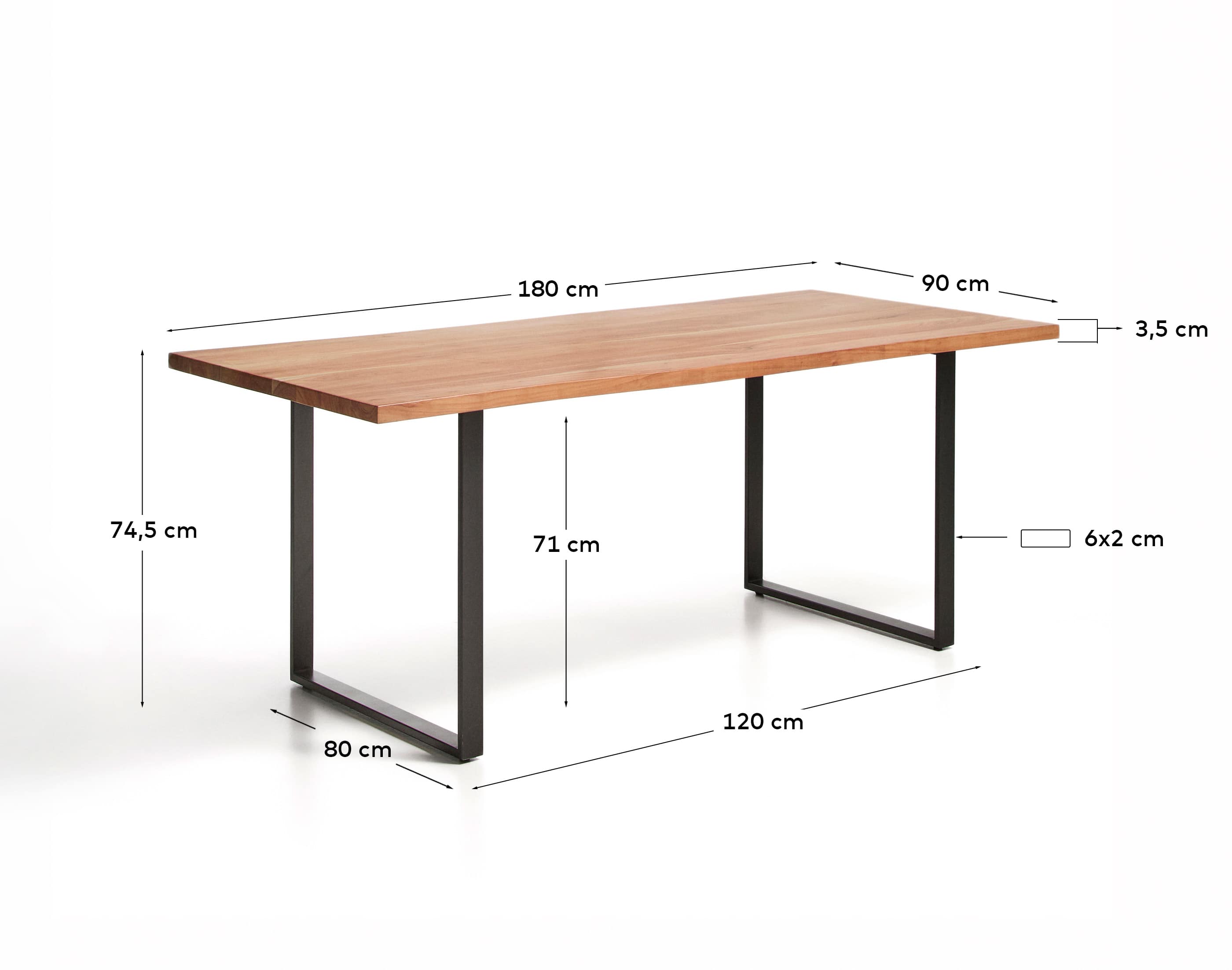 Uxue table in solid acacia wood with black steel legs 180 x 90 cm
