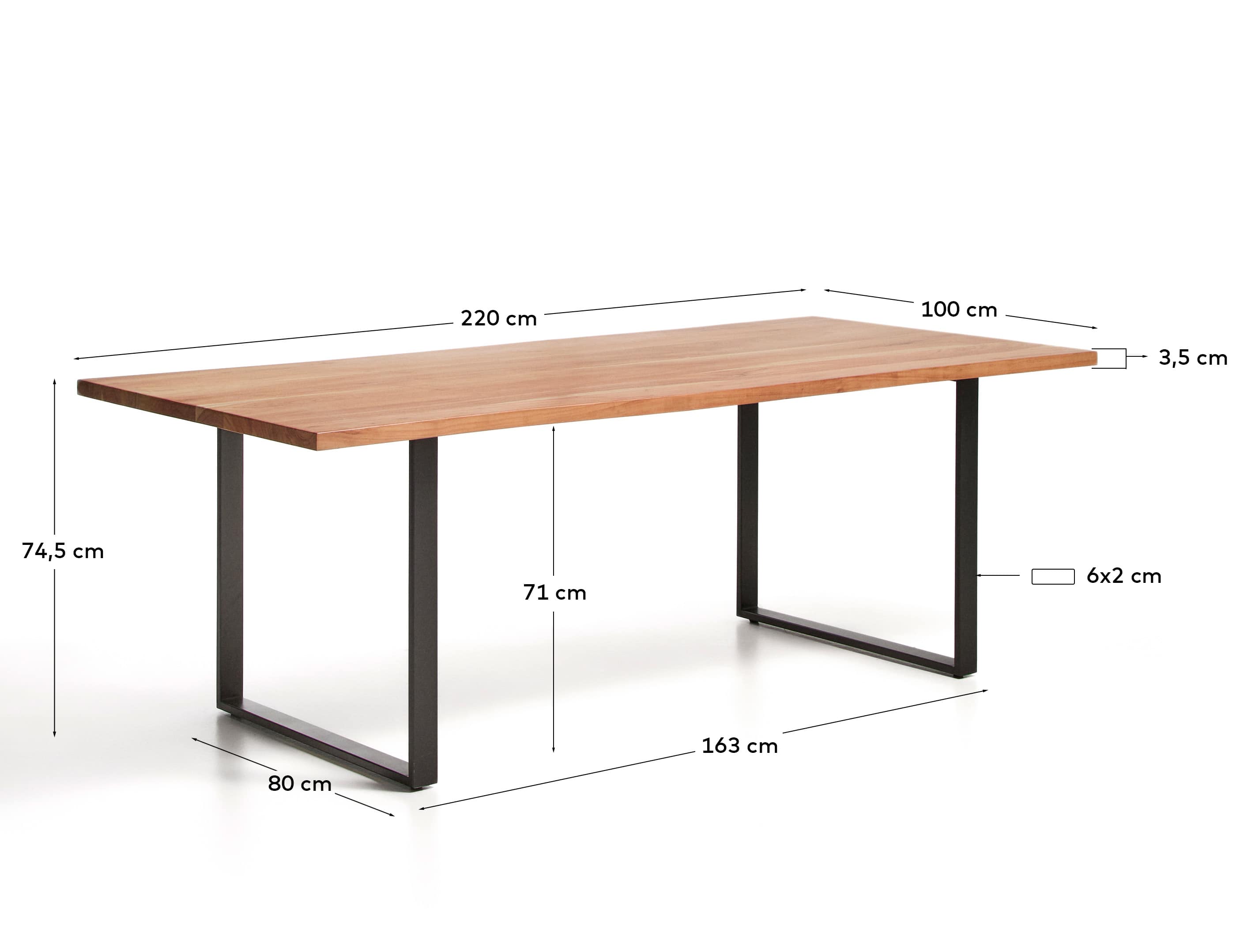 Uxue table in solid acacia wood with black steel legs 220 x 100 cm
