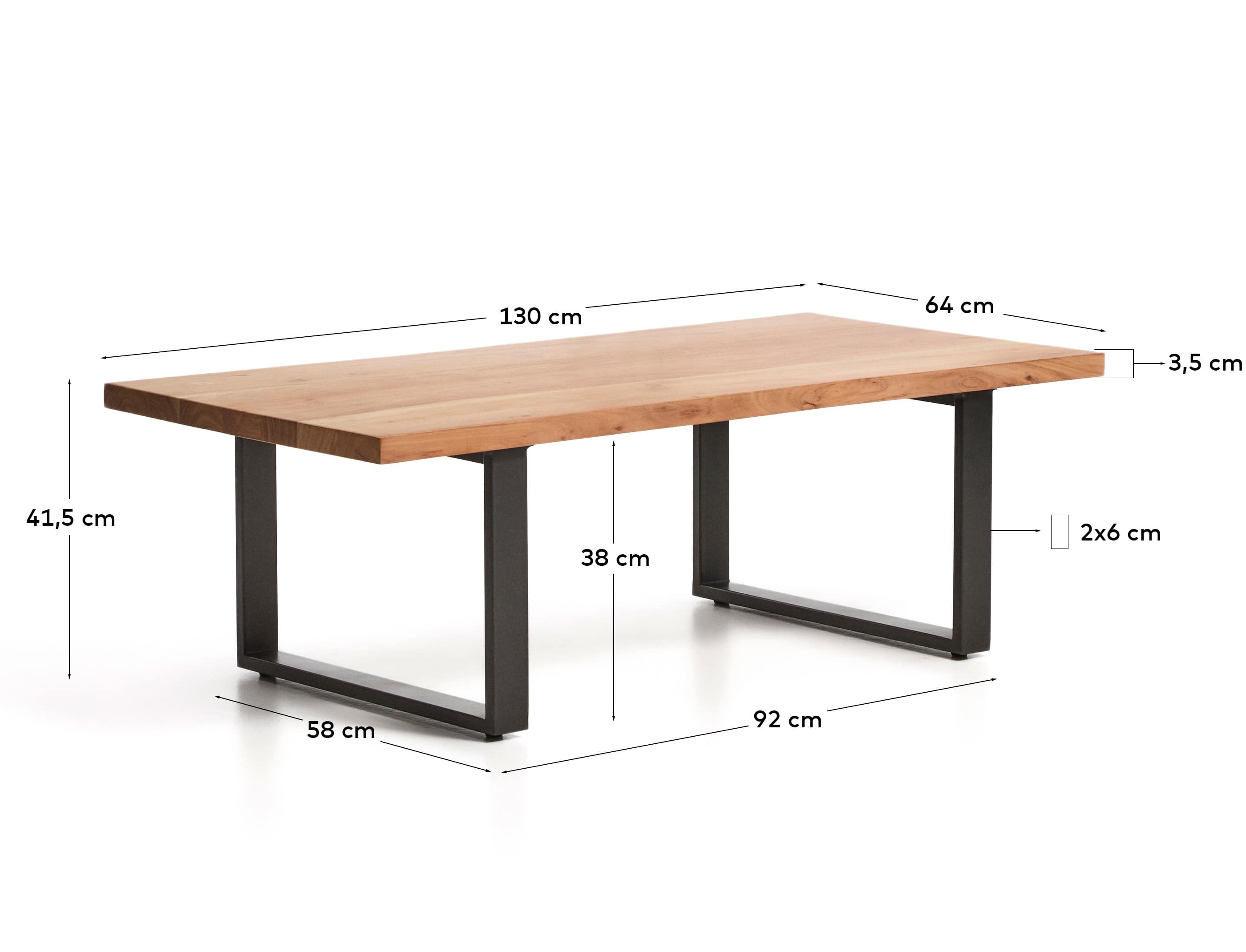 Uxue coffee table in solid acacia wood with black steel legs 130 x 64 cm
