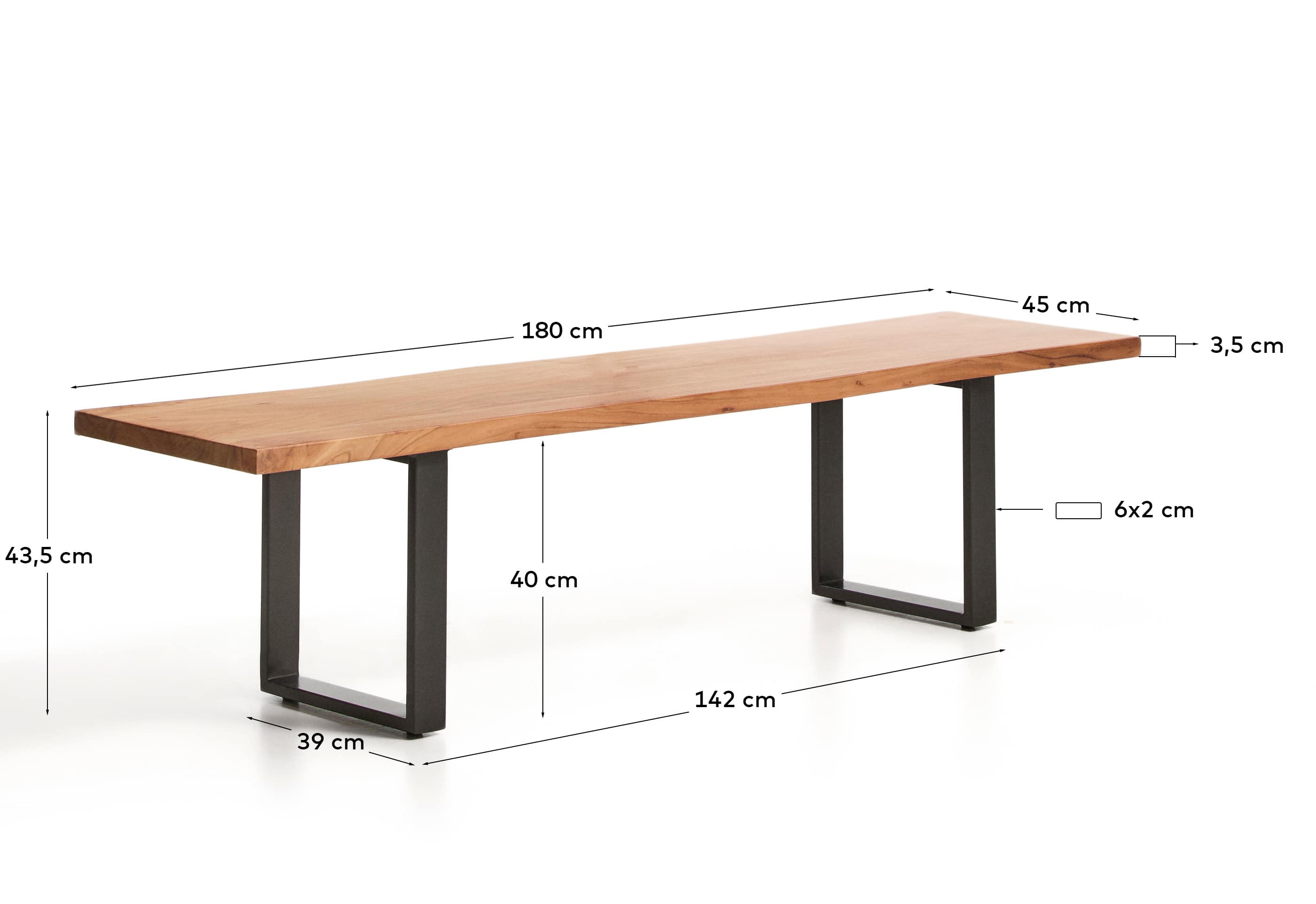 Uxue bench in solid acacia wood with black steel legs 180 x 45 cm