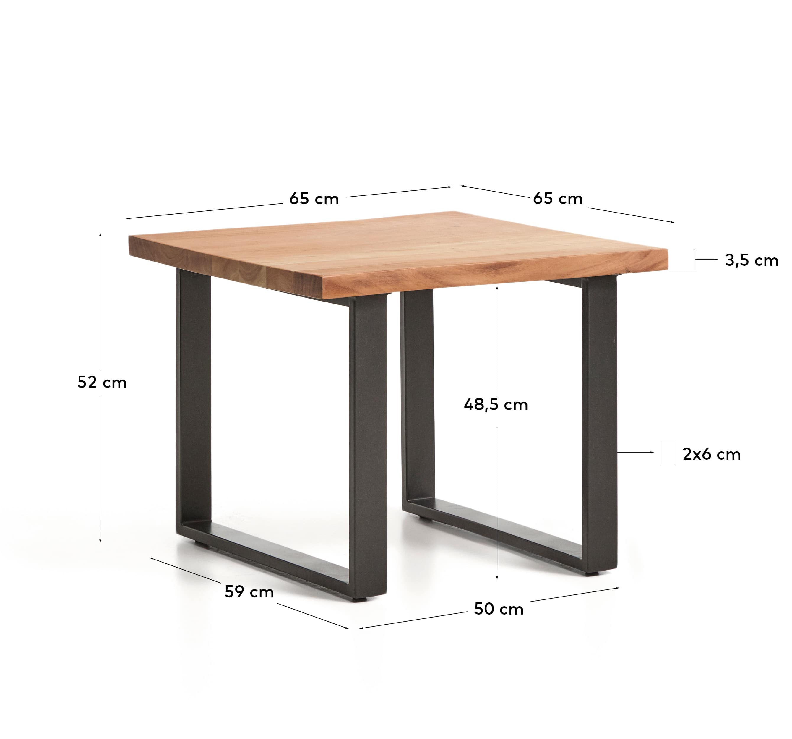 Uxue side table in solid acacia wood with black steel legs 65 x 65 cm