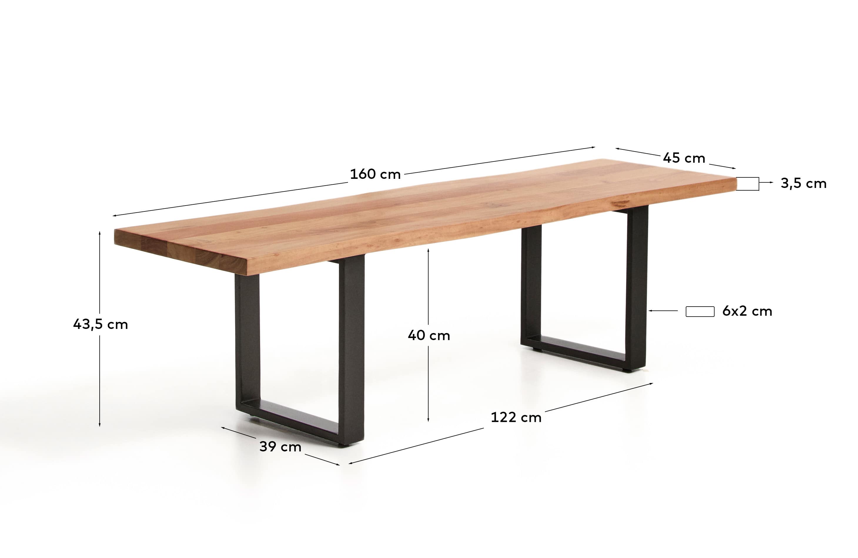 Uxue bench in solid acacia wood with black steel legs 160 x 45 cm