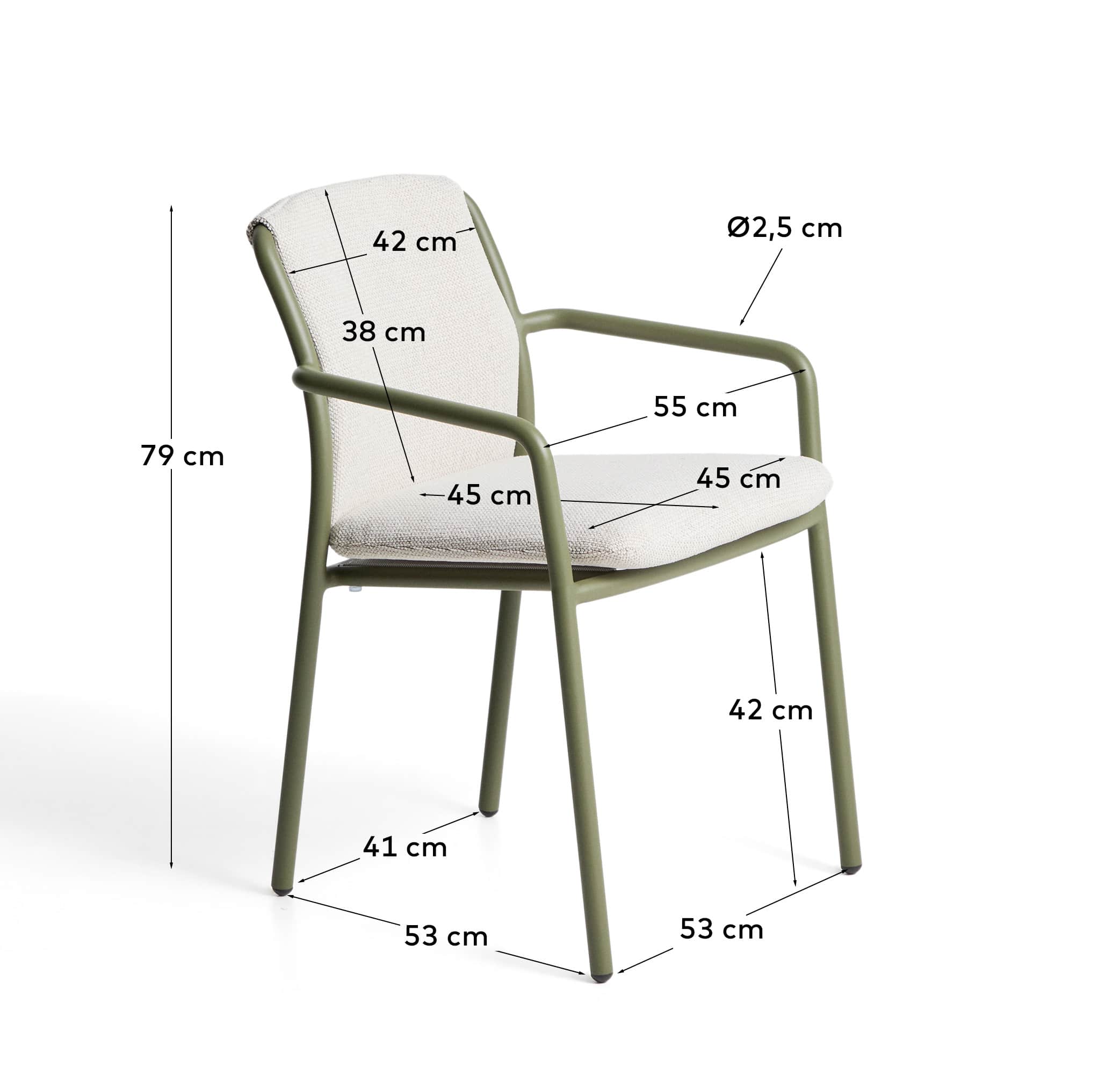 Linosa stackable outdoor chair in green aluminium with beige cushion