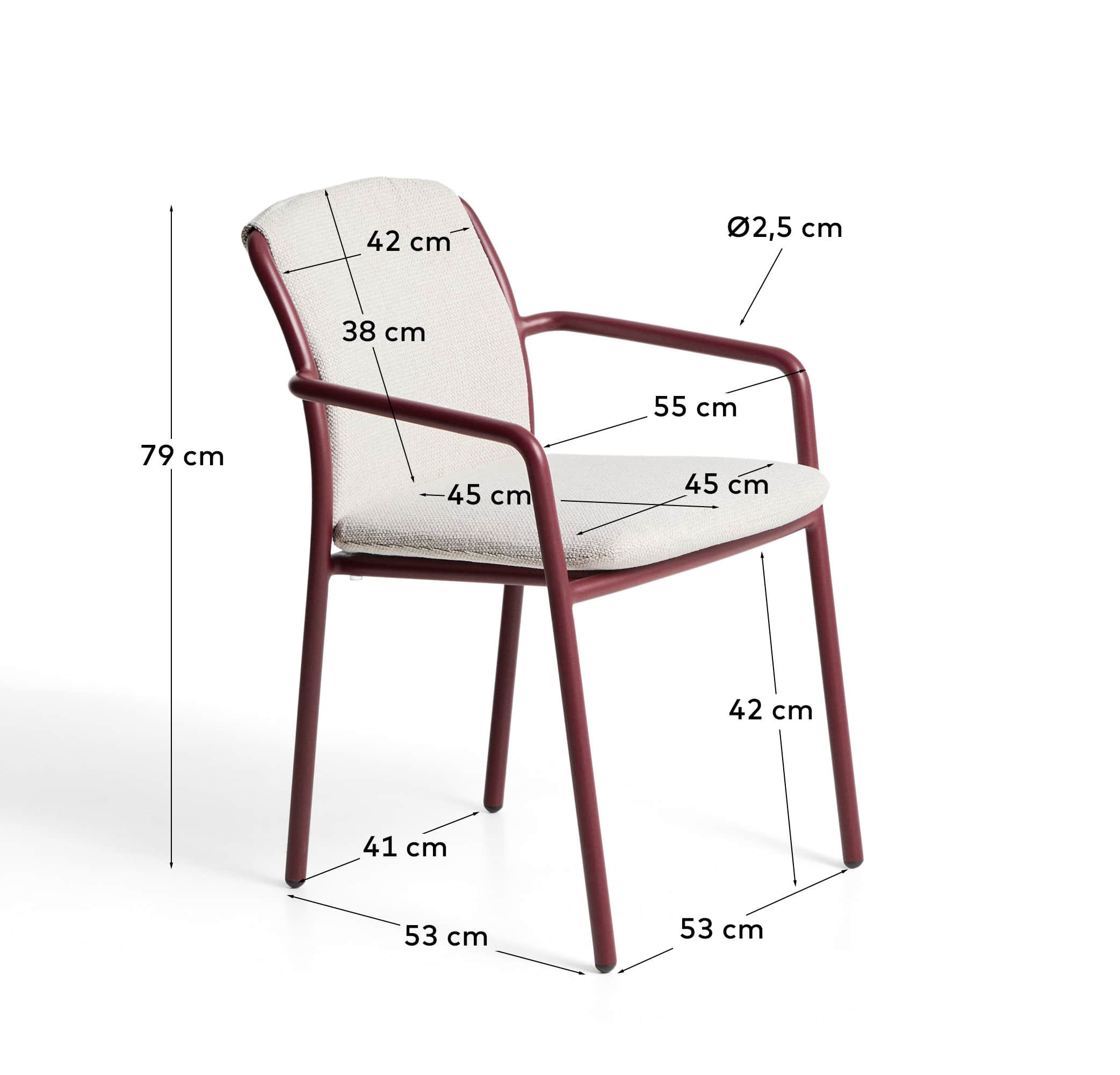 Linosa stackable outdoor chair in burgundy aluminium with beige cushion