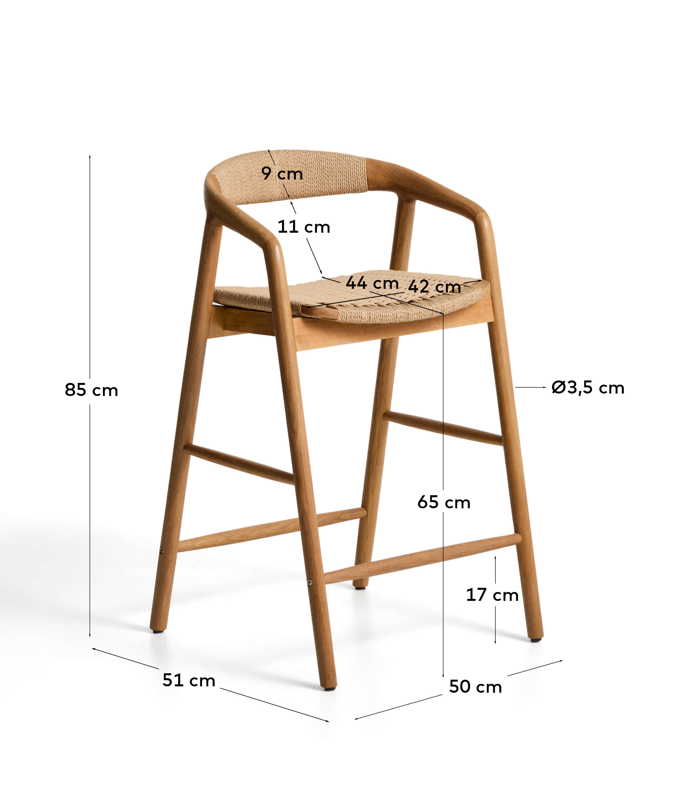 Derile stool in solid oak wood with natural-tone finish and beige paper rope cord FSC Mix Credit 65 cm
