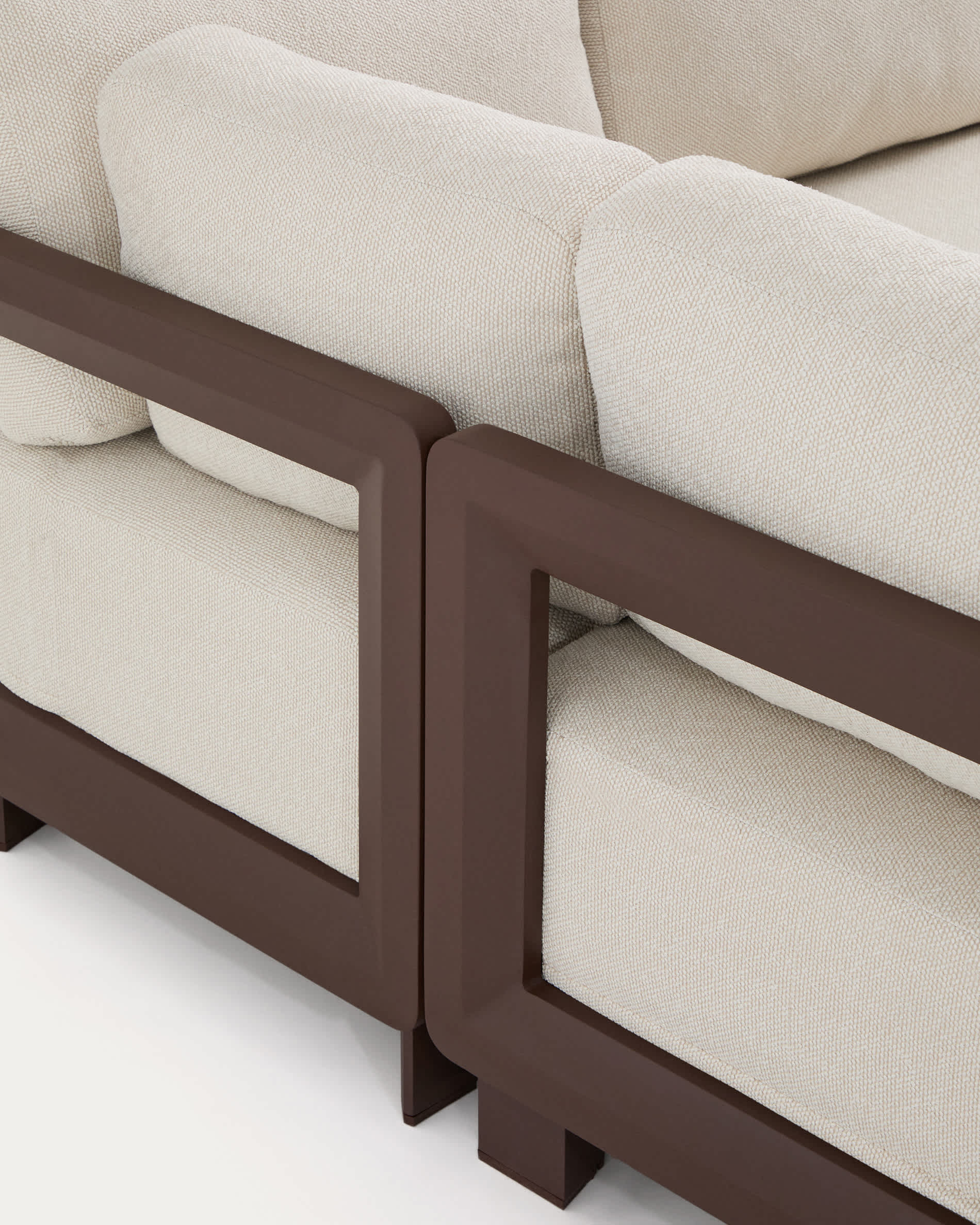 Nerano set with 5-seater corner sofa, armchair and coffee table in tempered glass and brown aluminium