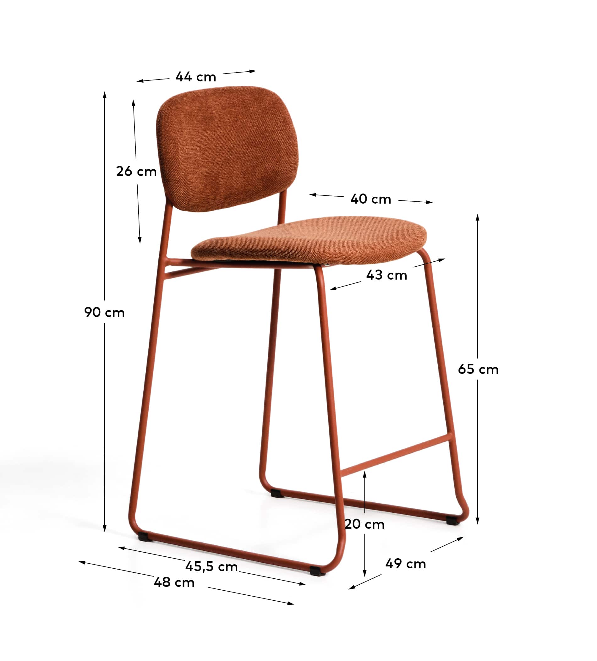 Meli stackable stool in terracotta chenille with terracotta metal legs FSC Mix Credit 65cm