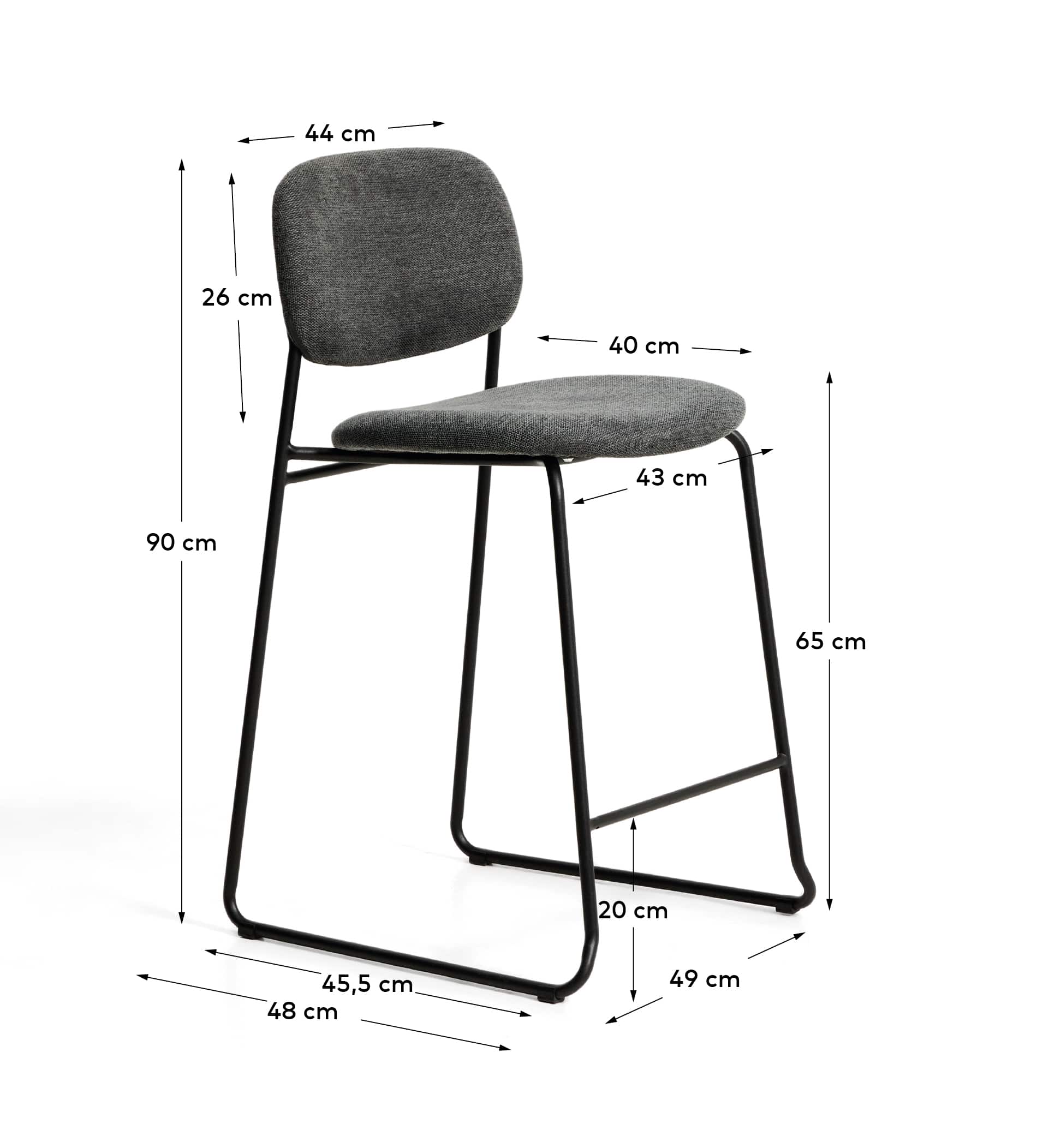 Meli stackable stool in grey chenille with grey metal legs FSC Mix Credit 65cm