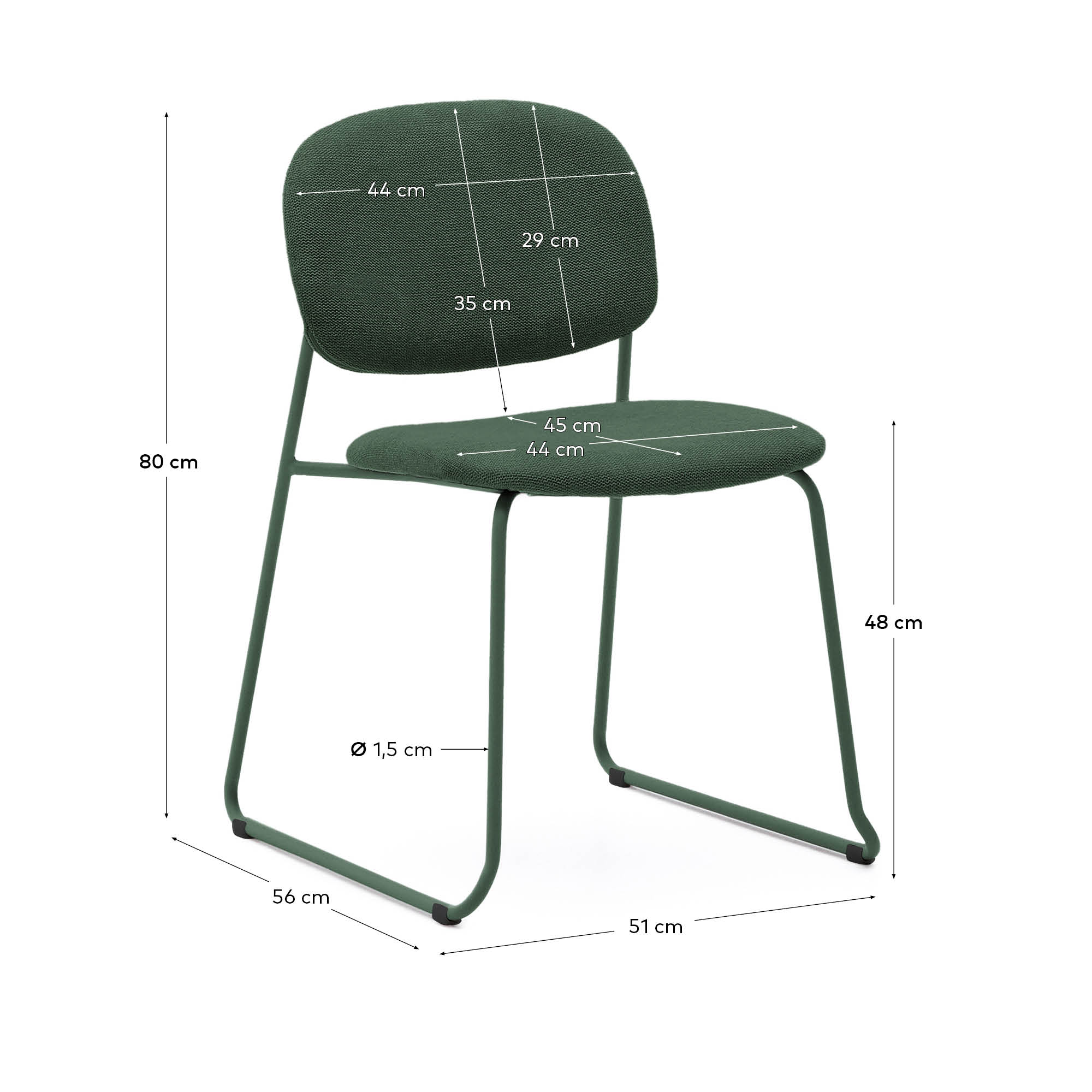 Meli stackable chair in green chenille with green metal legs FSC Mix Credit