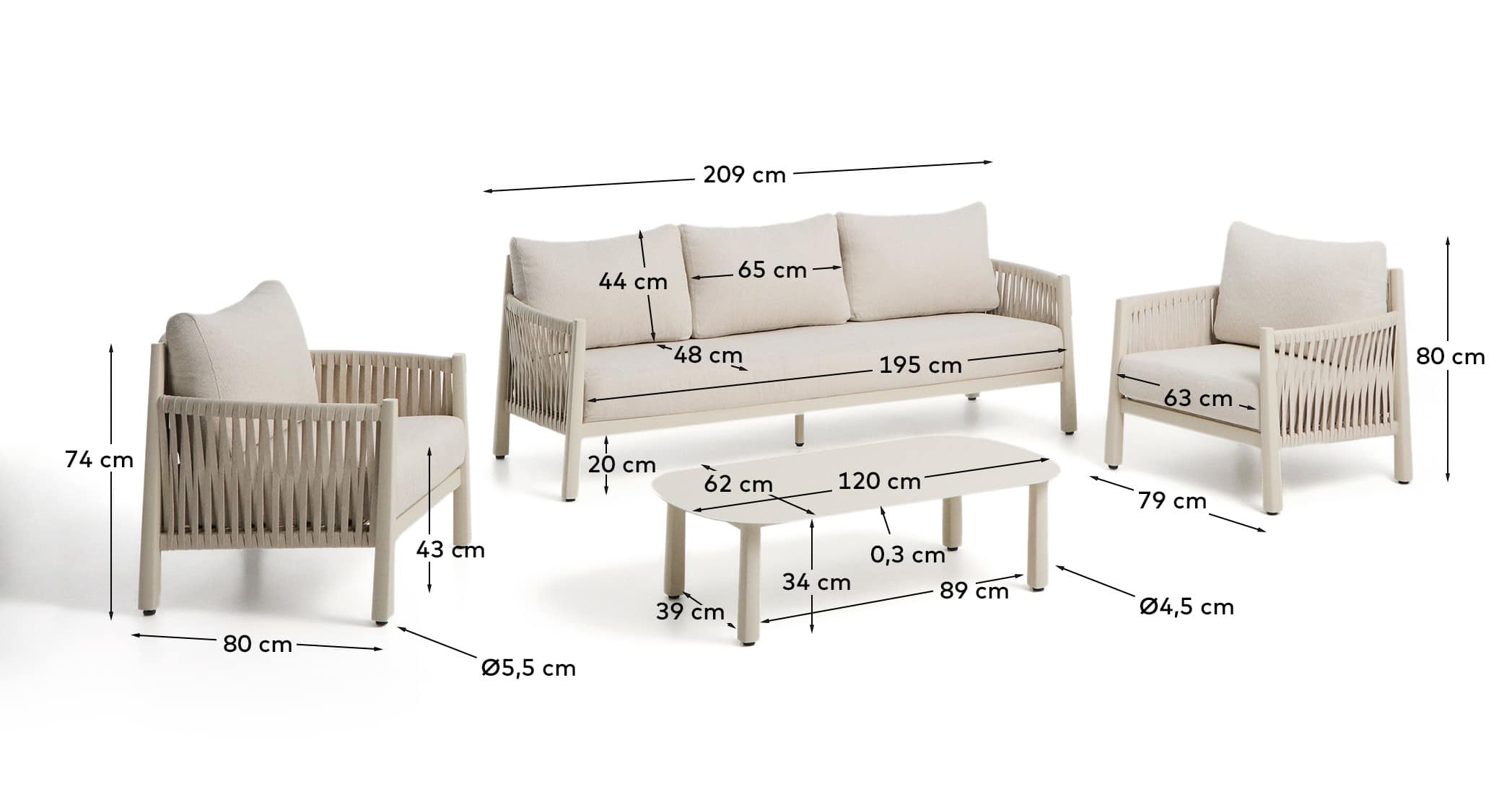 Aleria set with 3-seater sofa, 2 armchairs and coffee table in aluminium and ecru synthetic rope