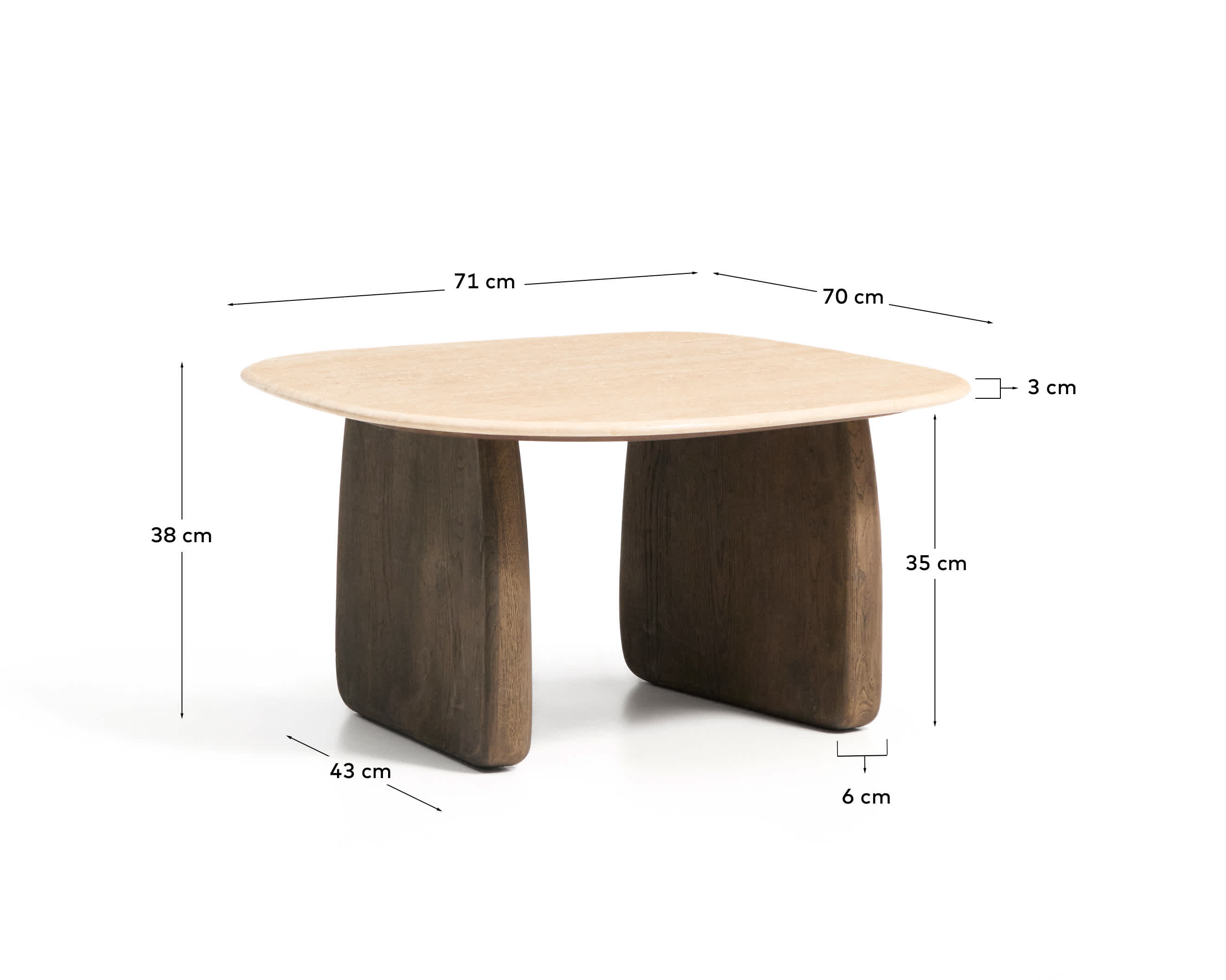 Pirita side table in beige travertine with solid oak wood legs with a dark finish 71 x 70cm FSC 100%
