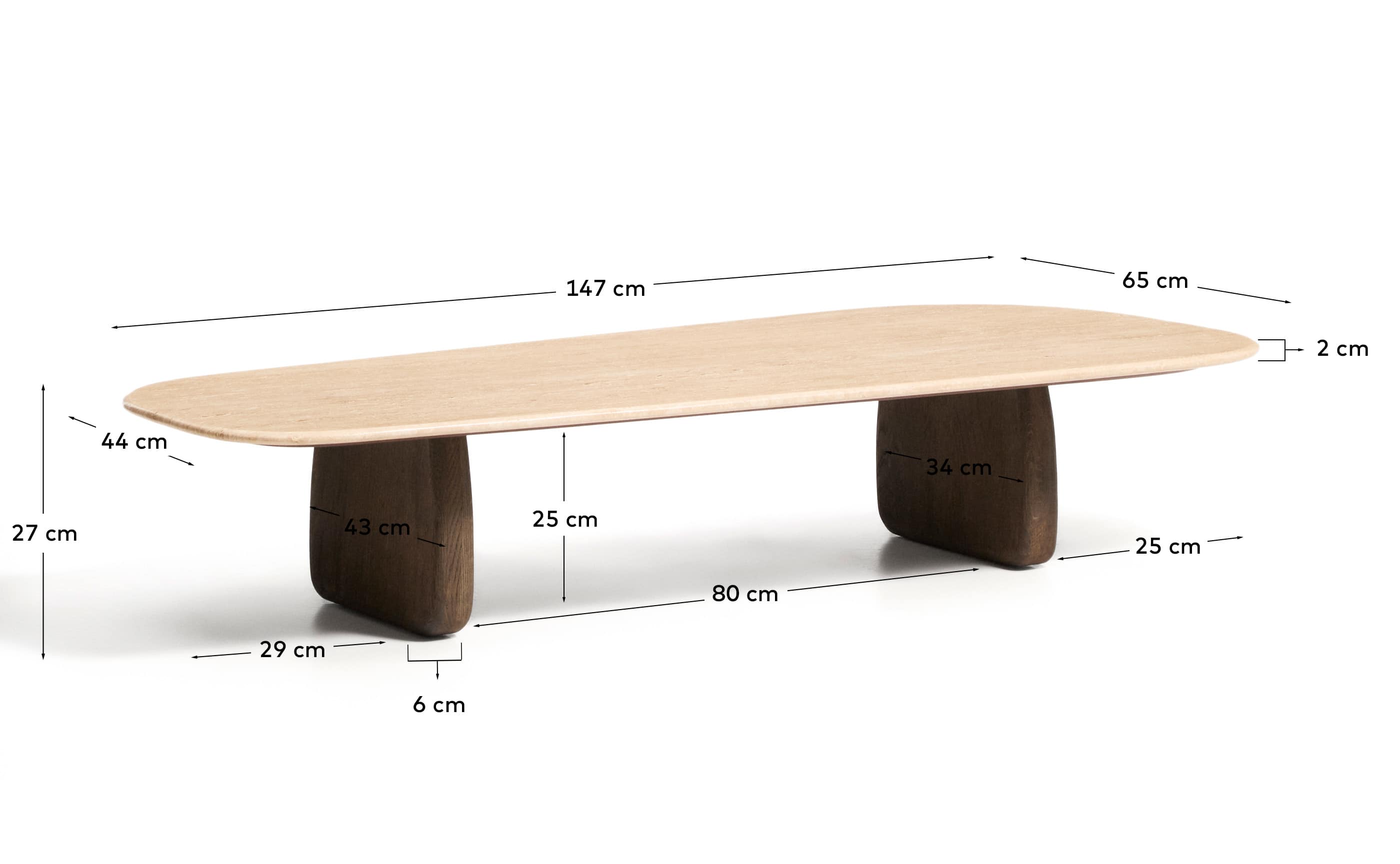 Pirita coffee table in beige travertine with solid oak wood legs with a dark finish 147 x 65cm FSC 100%