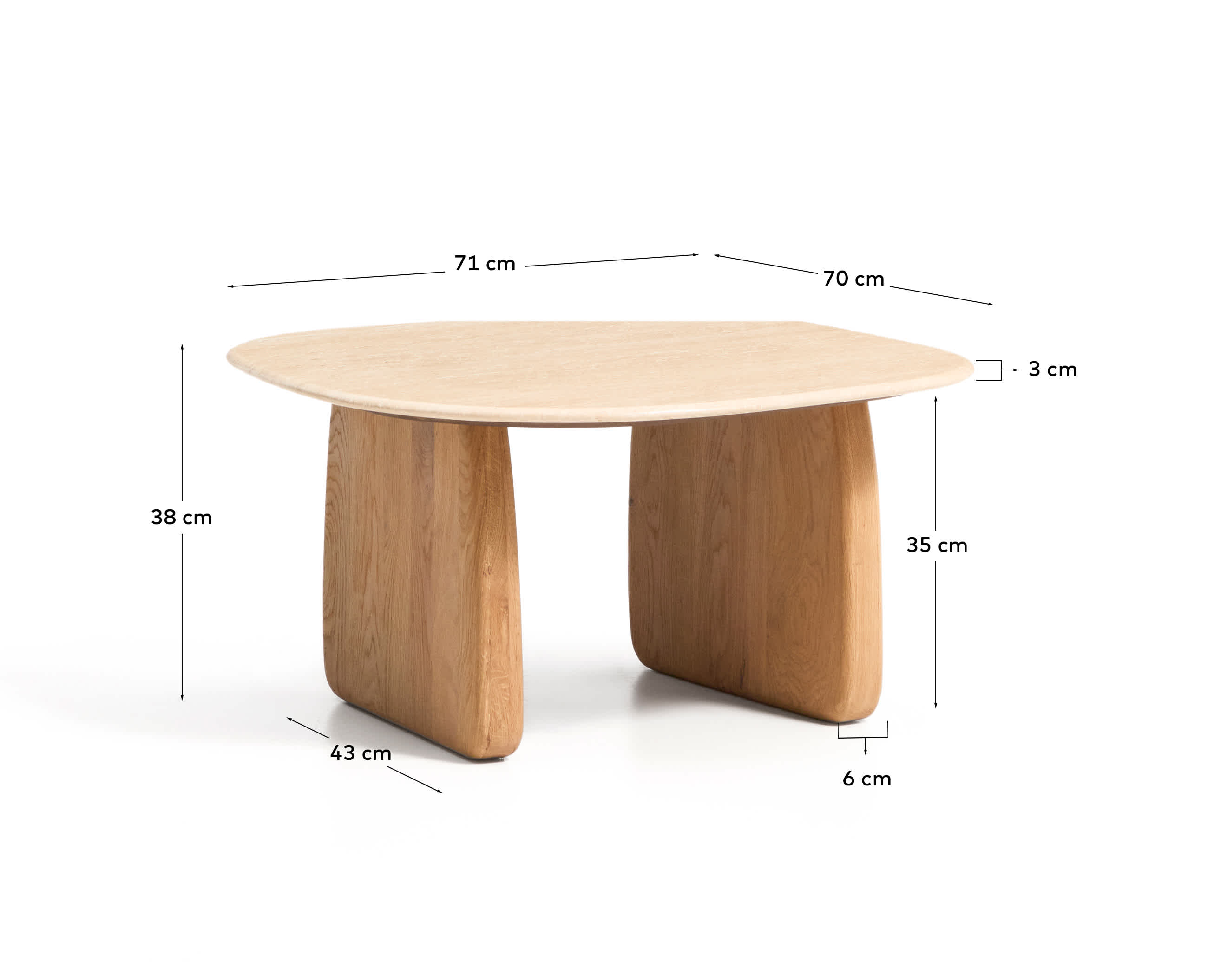 Pirita side table in beige travertine with solid oak wood legs with a natural-coloured finish 71 x 70cm FSC 100%