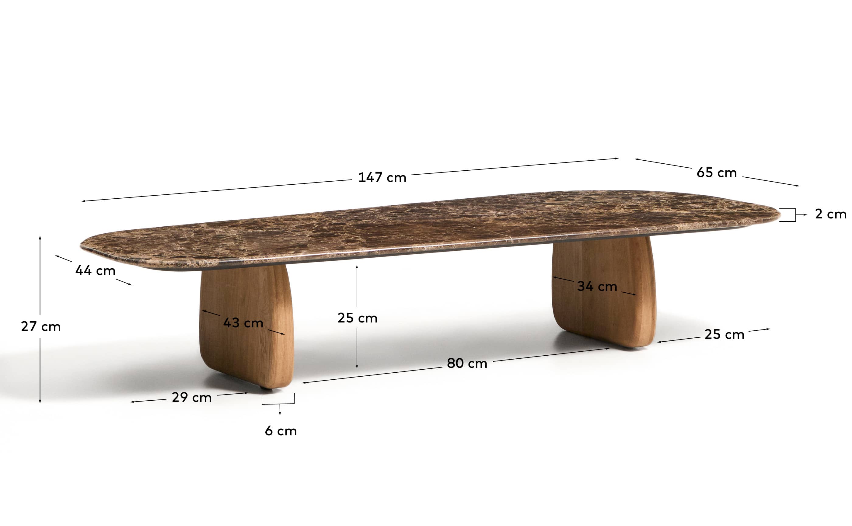 Pirita coffee table in brown marble with solid oak wood legs with a natural-coloured finish 147 x 65cm FSC 100%