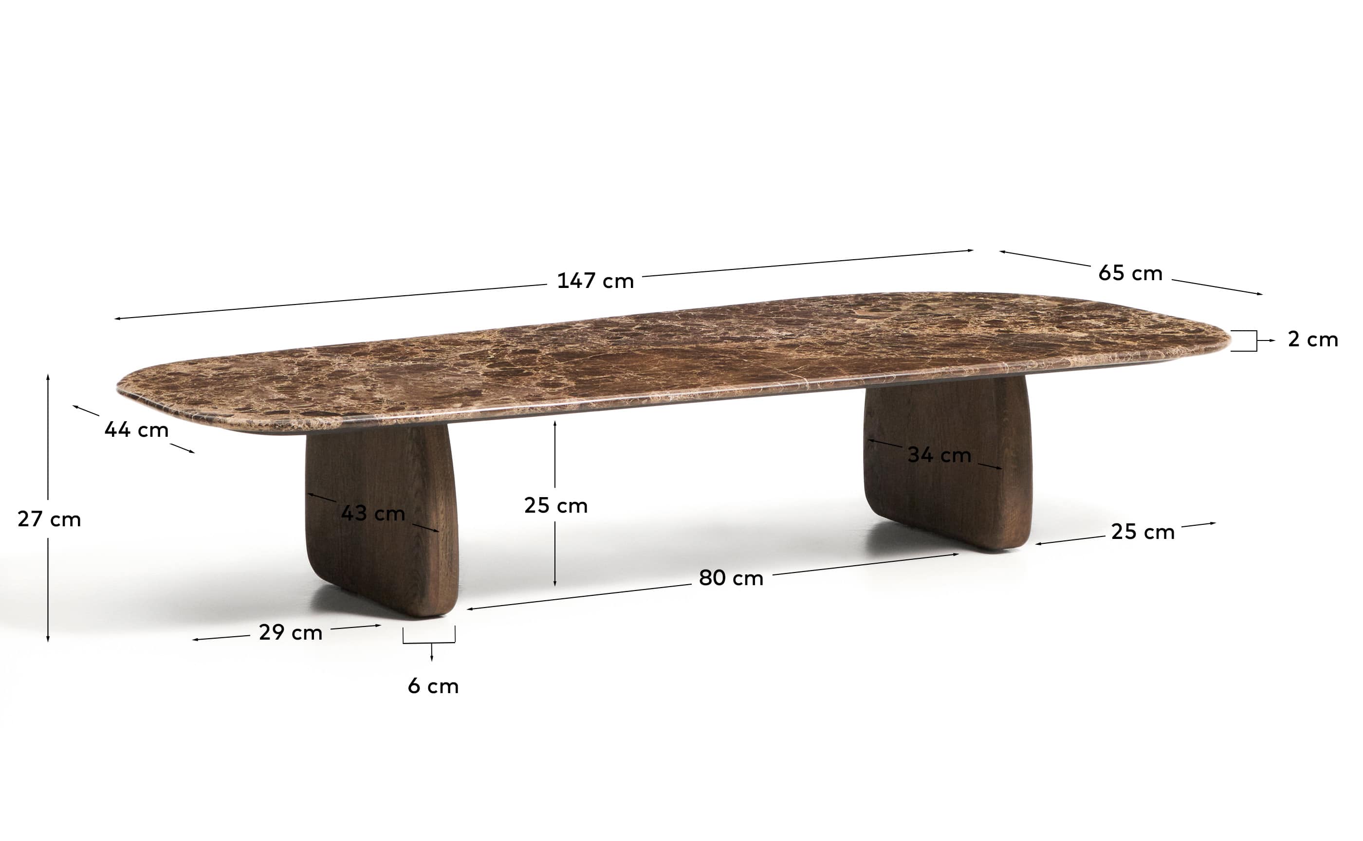 Pirita coffee table in brown marble with solid oak wood legs with a dark finish 147 x 65cm FSC 100%