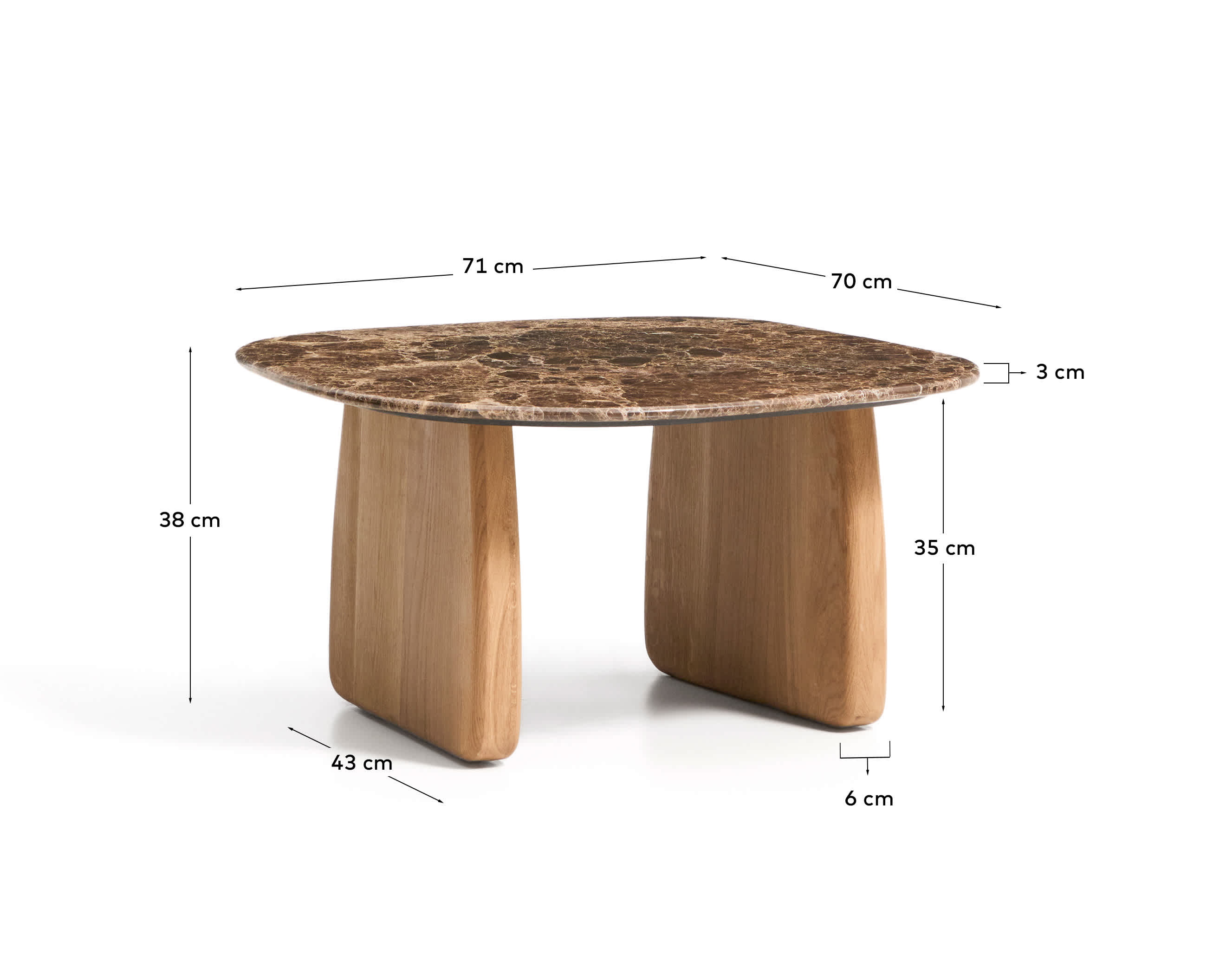 Pirita side table in brown marble with solid oak wood legs with a natural-tone finish 71 x 70cm FSC 100%