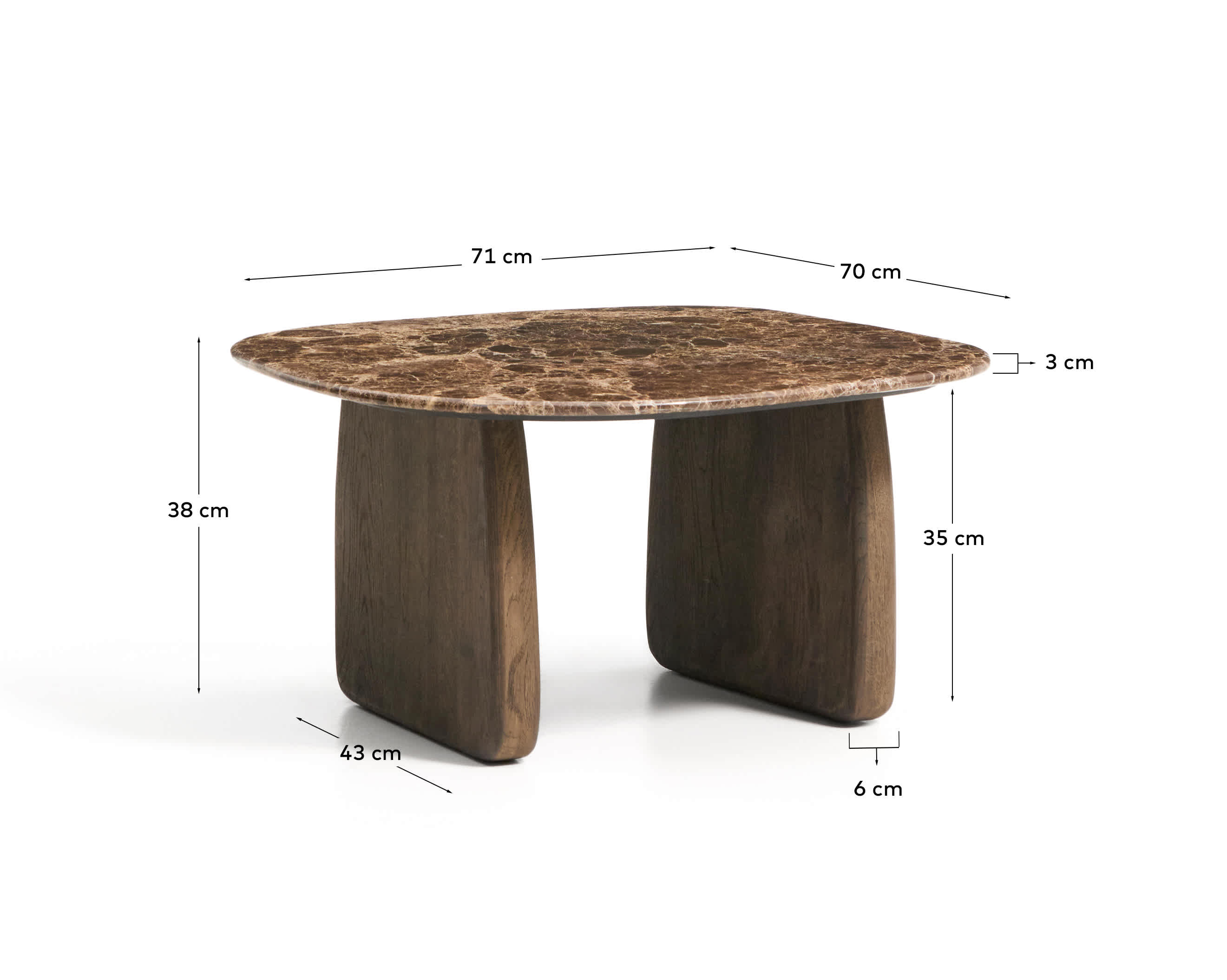 Pirita side table in brown marble with solid oak wood legs with a dark finish 71 x 70cm FSC 100%