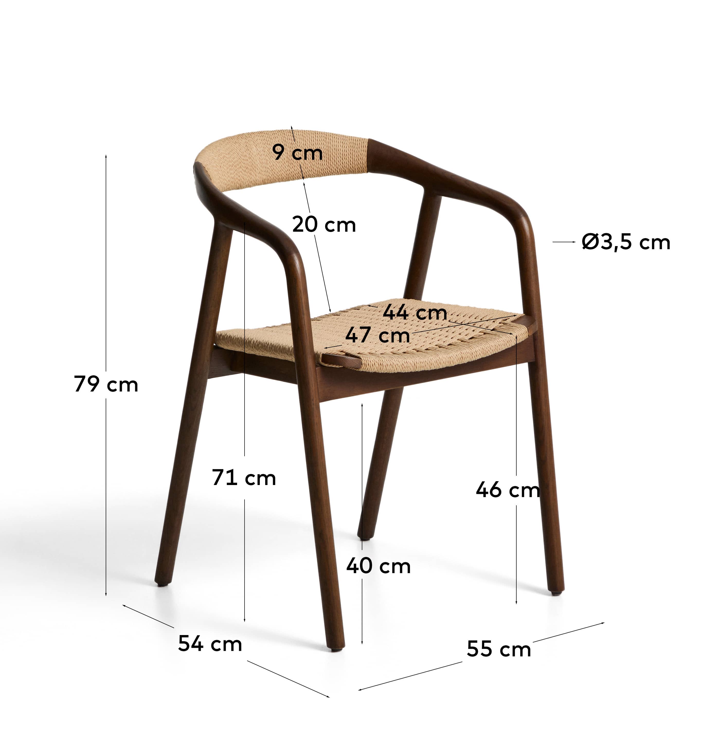 Derile chair in solid oak wood with walnut finish and beige paper rope cord FSC Mix Credit