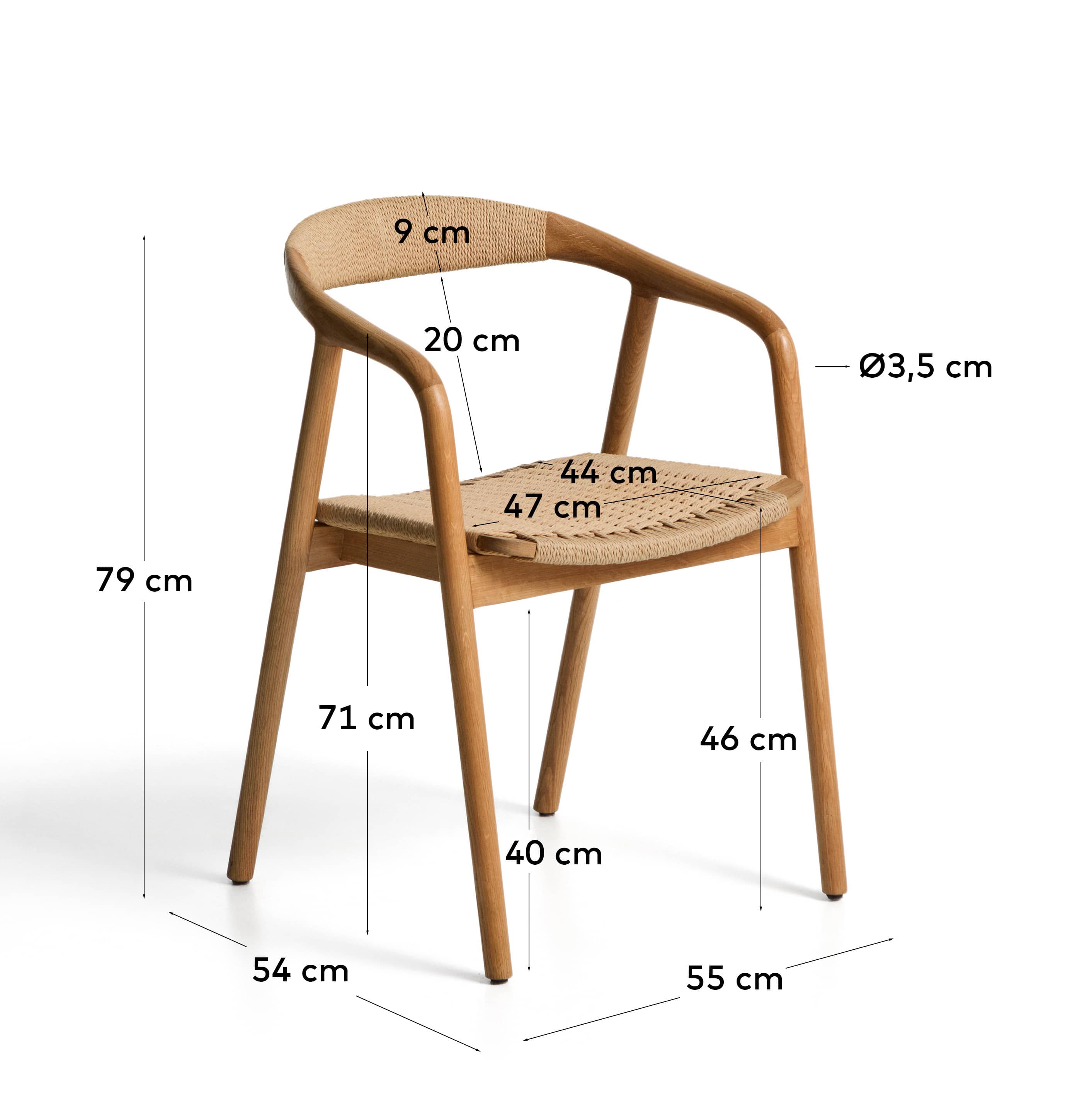 Derile chair in solid oak wood with natural-tone finish and beige paper rope cord FSC Mix Credit