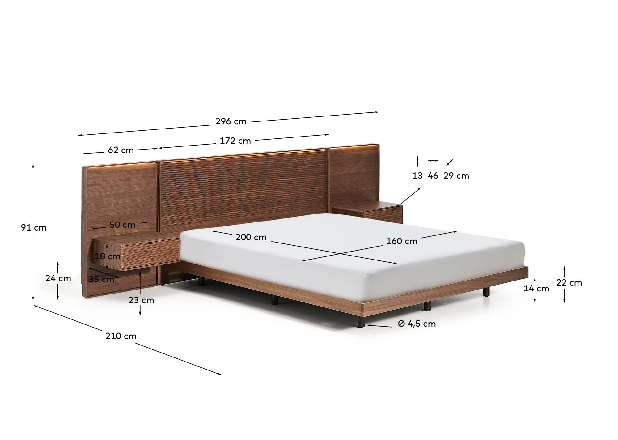 Norlen bed with 2 bedside tables in walnut veneer with dark finish and LED light for 160 x 200cm mattress FSC Mix Credit
