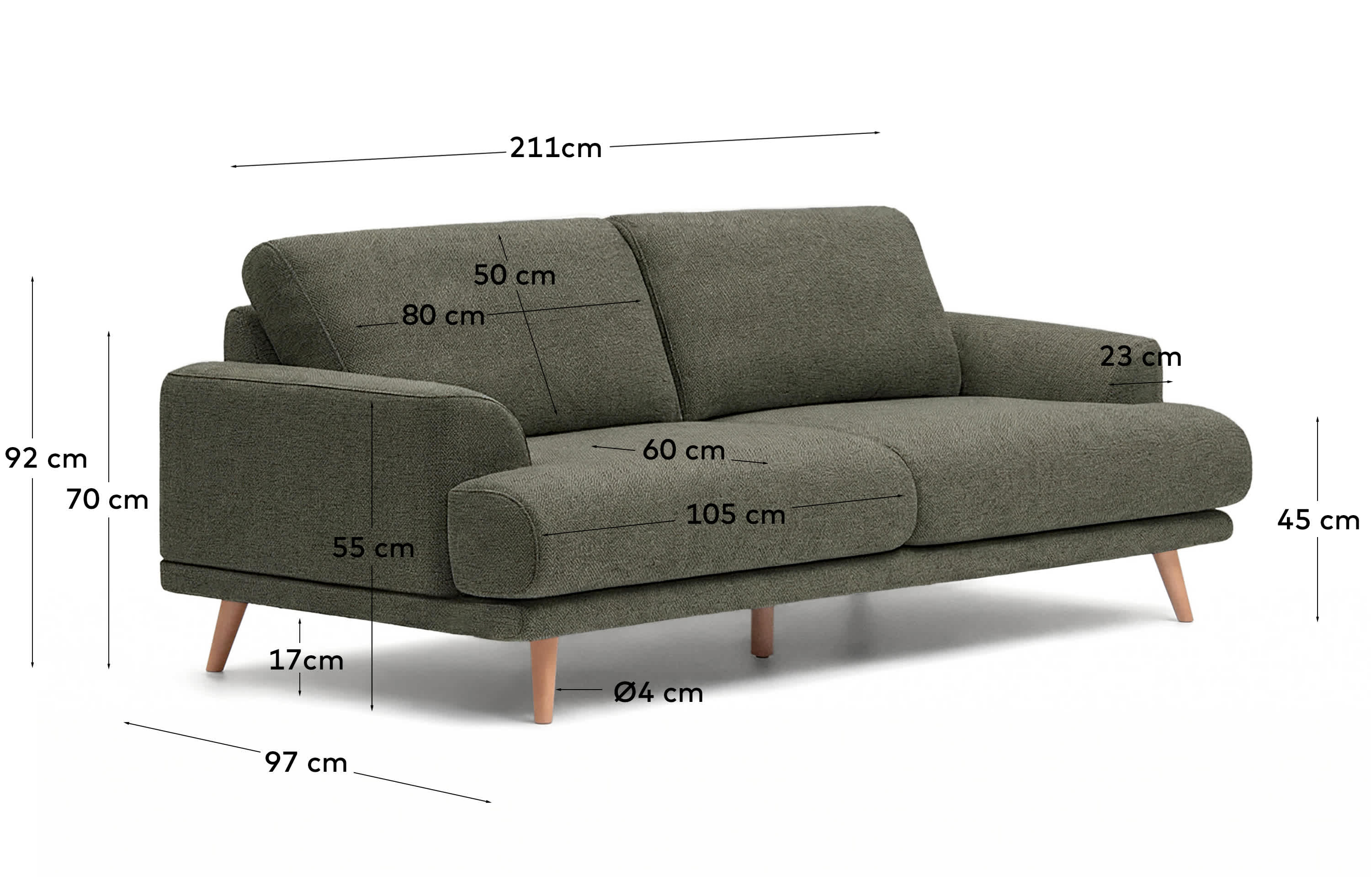 Karin 2-seater sofa in dark green chenille with solid beech wood legs in natural colour finish 210 cm