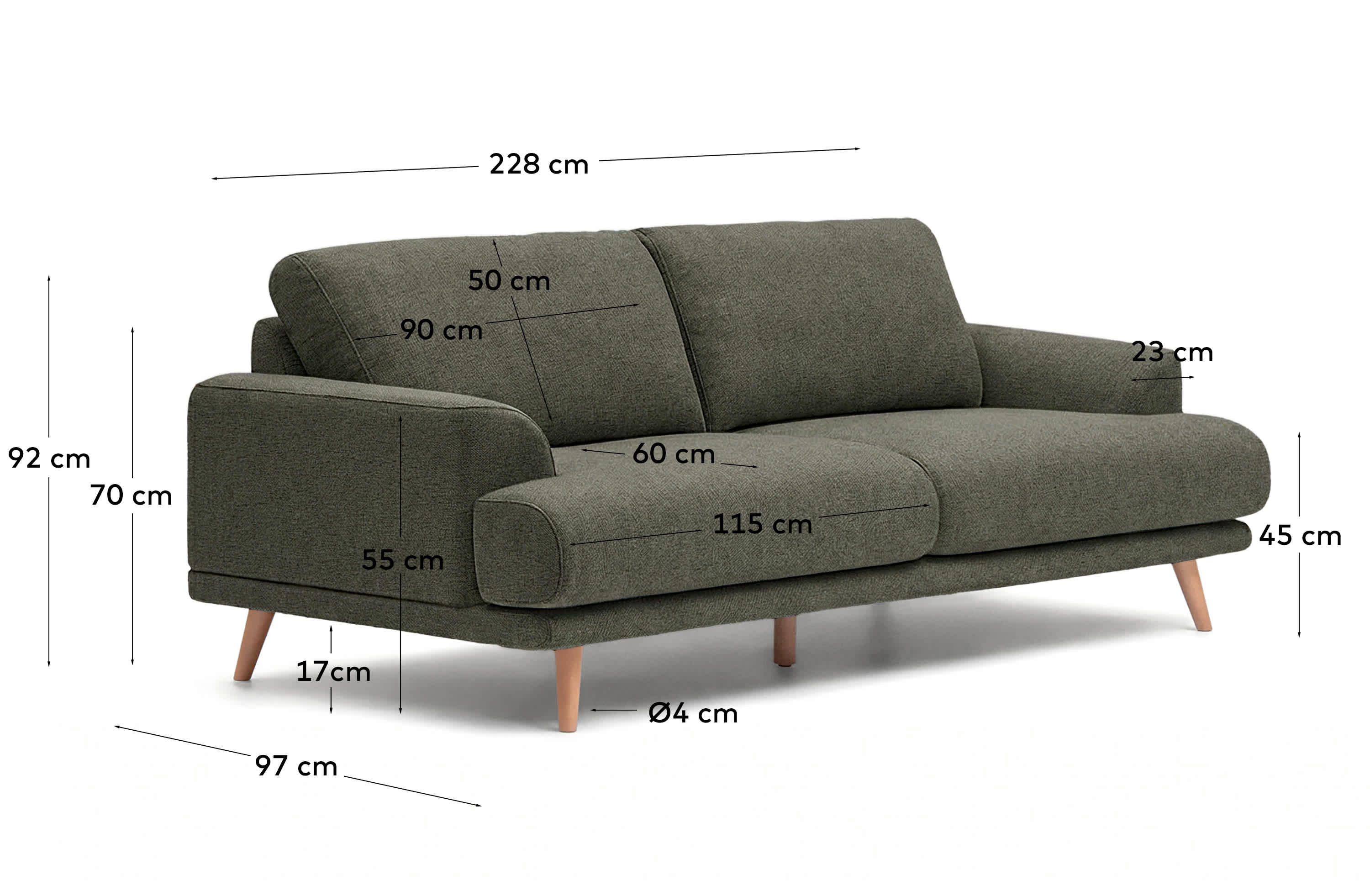 Karin 3-seater sofa in dark green chenille with solid beech wood legs in natural colour finish 231 cm