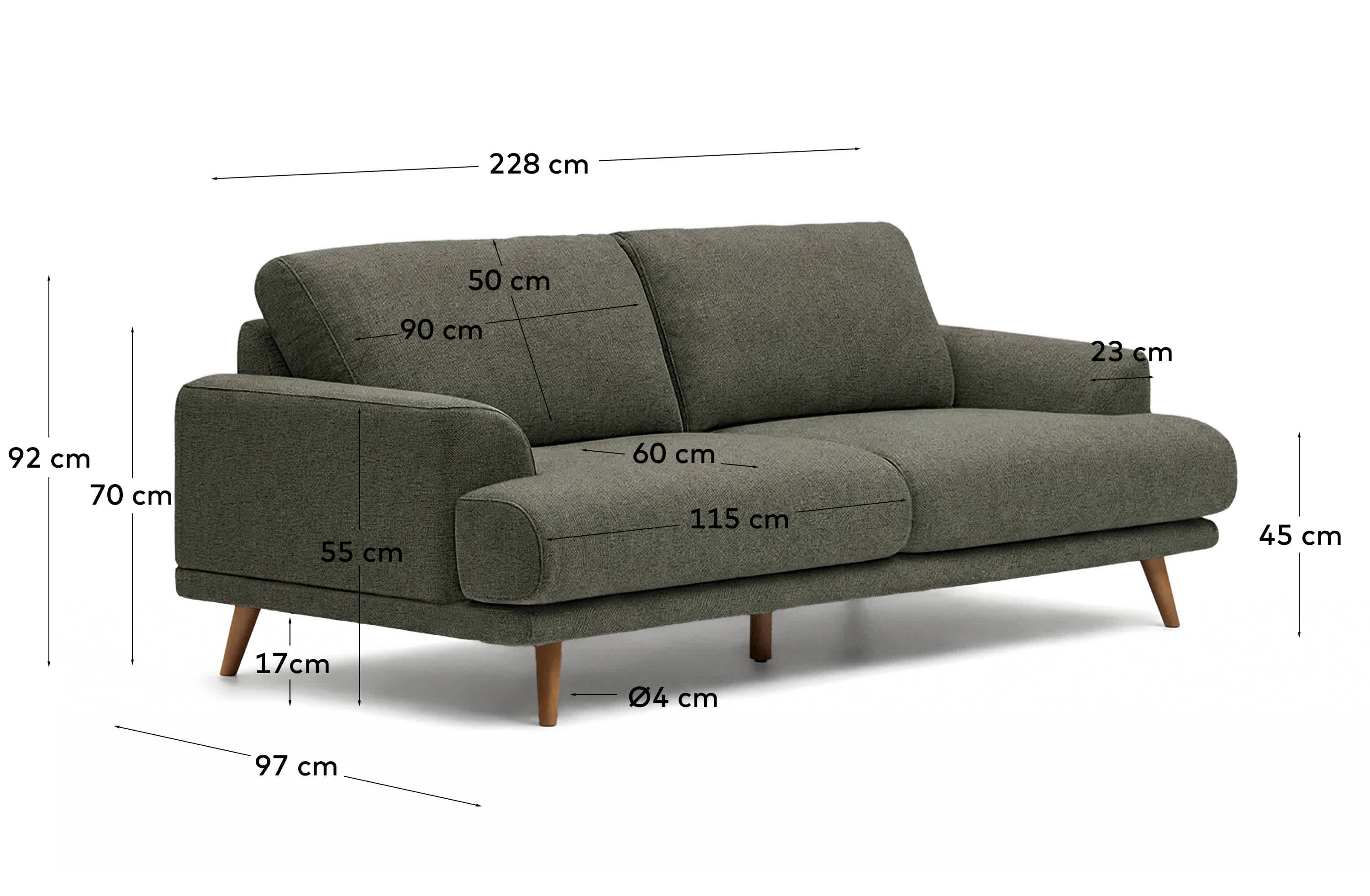 Karin 3-seater sofa in dark green chenille with solid beech wood legs in walnut-tone finish 228 cm