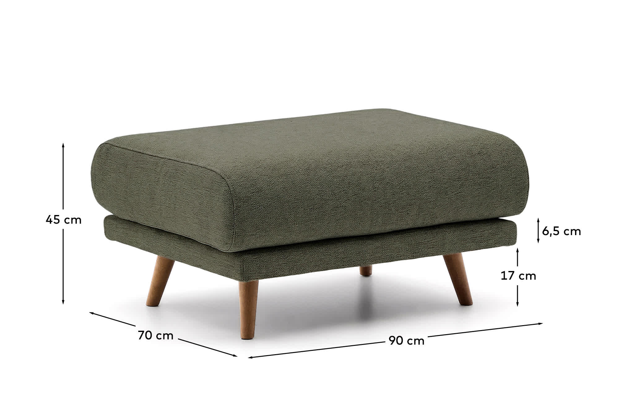 Karin footrest in beige chenille with solid beech wood legs in walnut-tone finish 90 x 70 cm