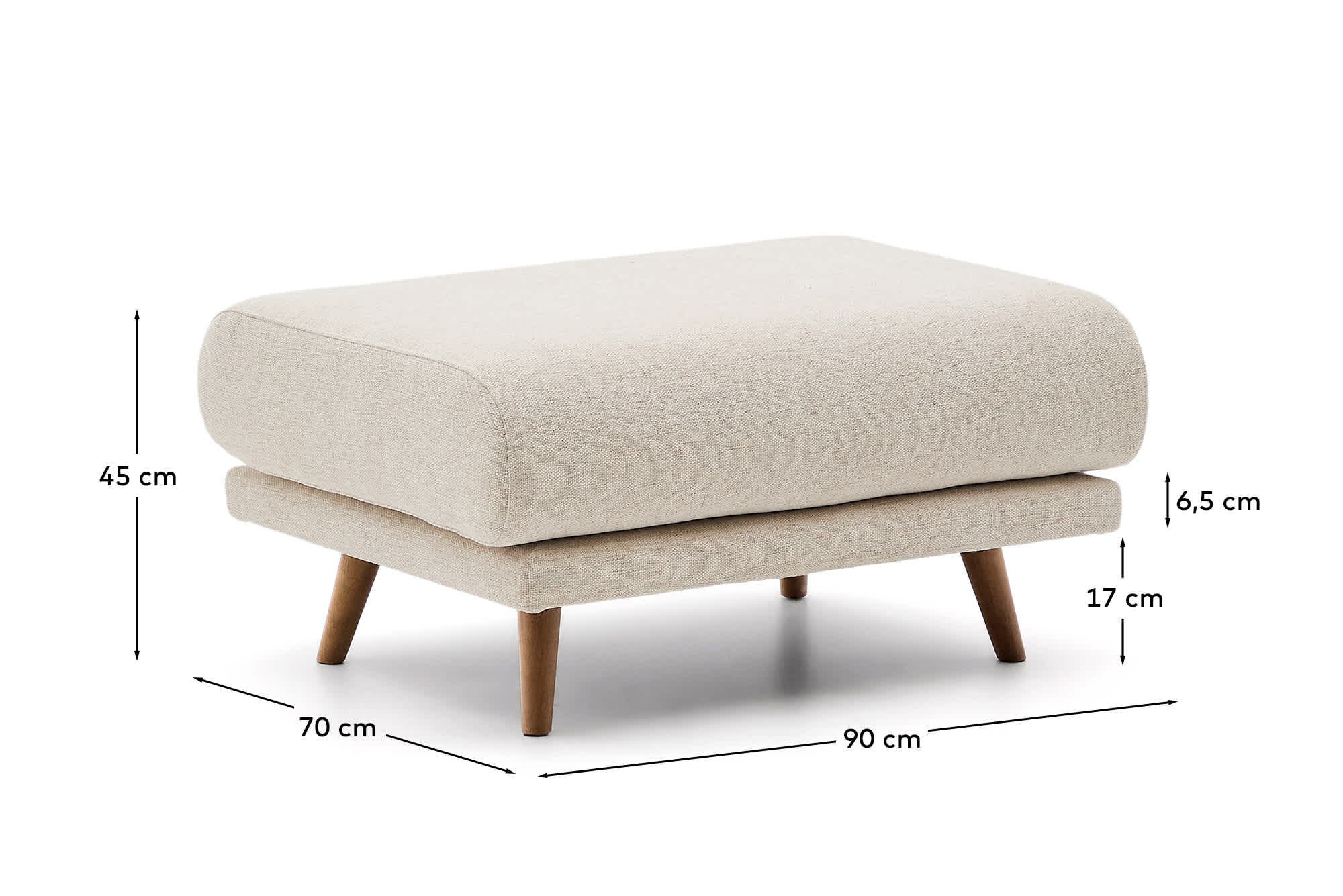 Karin footrest in beige chenille with solid beech wood legs in walnut-tone finish 90 x 70 cm