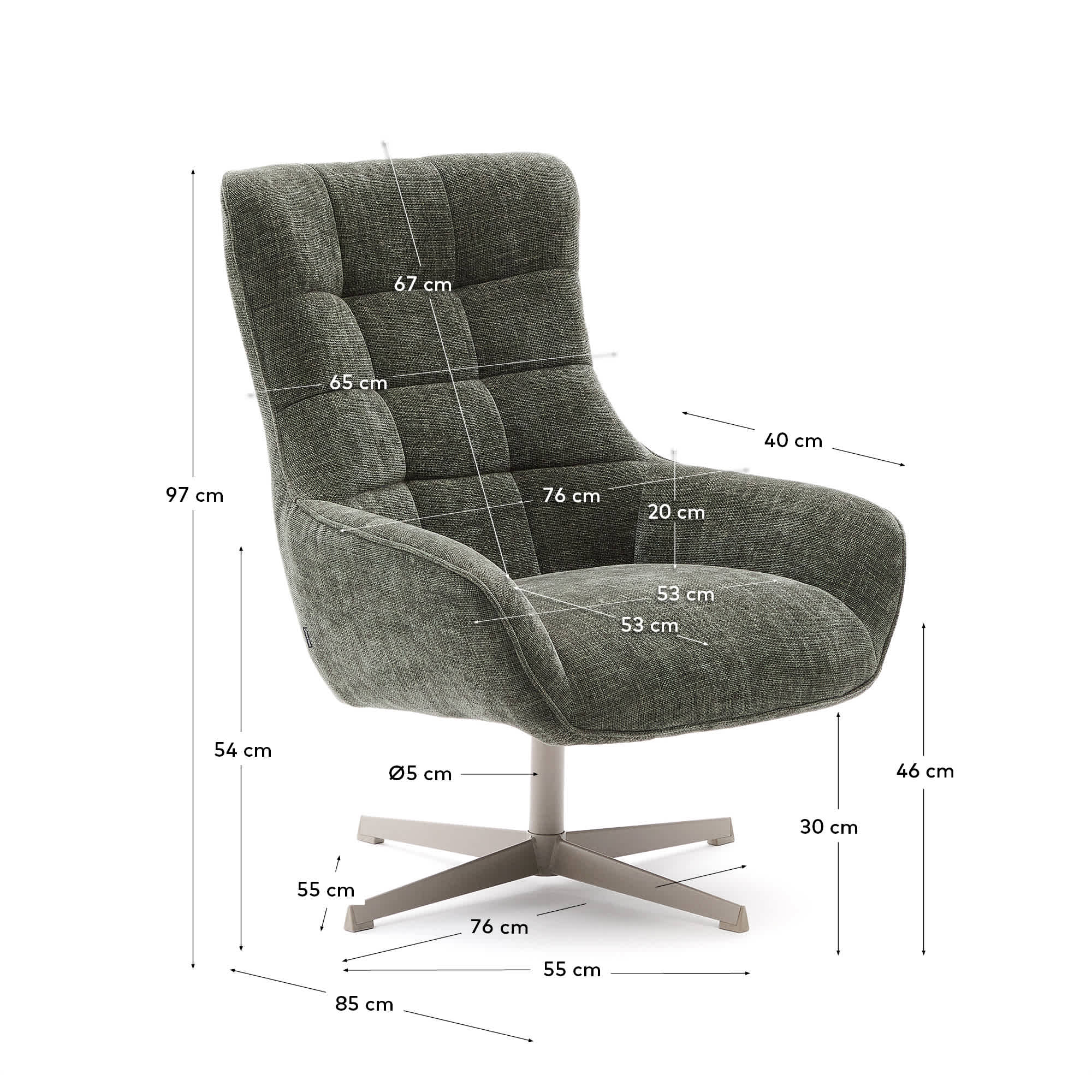 Teryl swivel green chenille armchair with grey-finished metal, FSC 100%