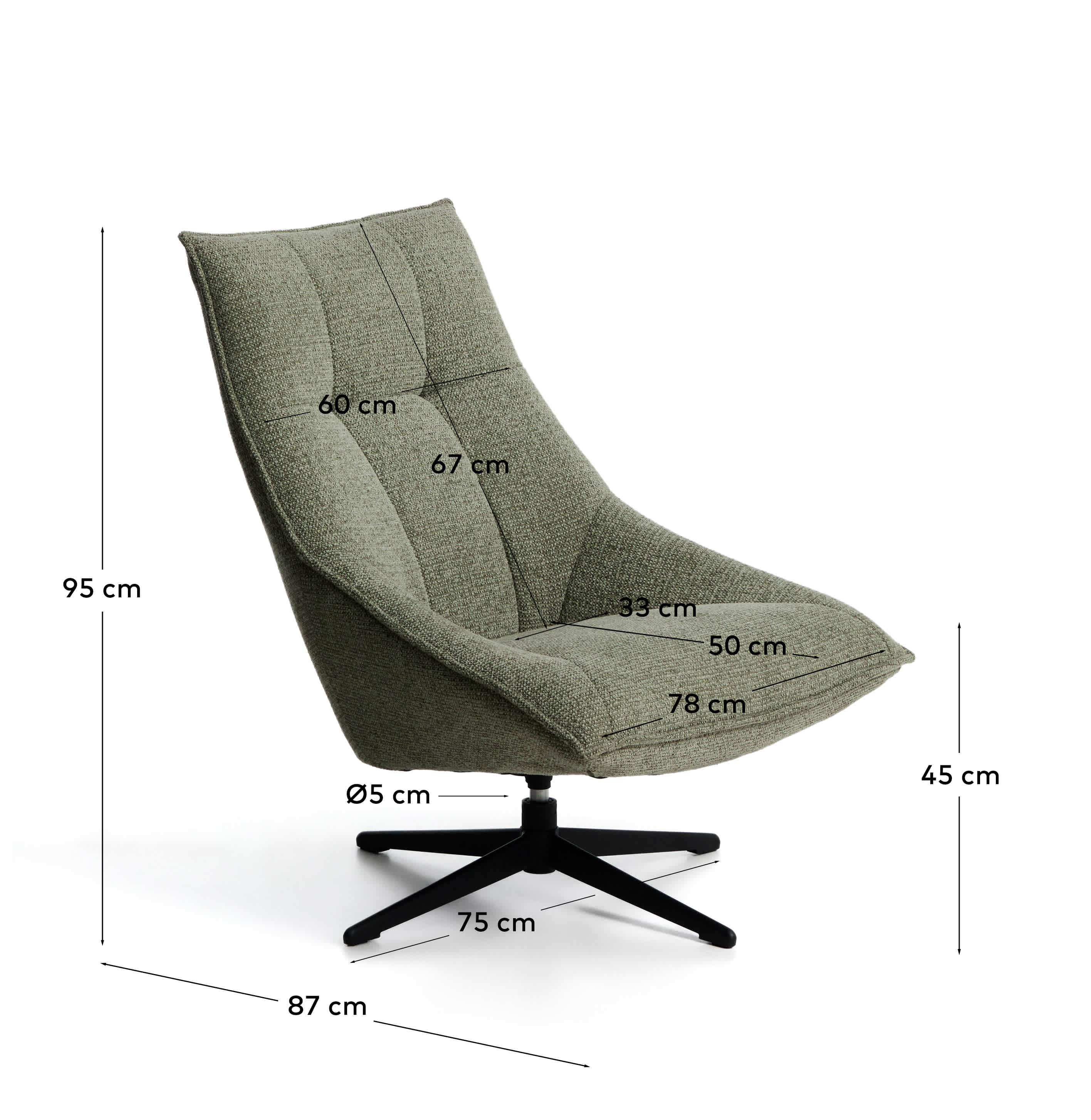 Dirala swivel armchair in green chenille and steel with black finish FSC 100%