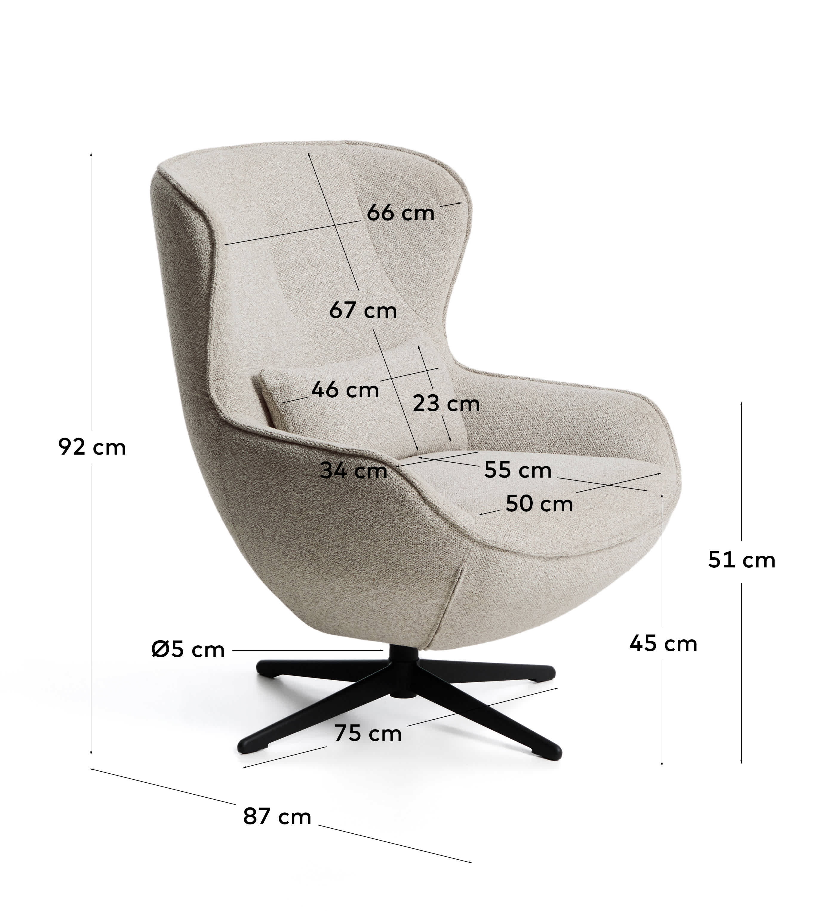 Sorile swivel armchair in beige chenille and steel with black finish FSC 100%