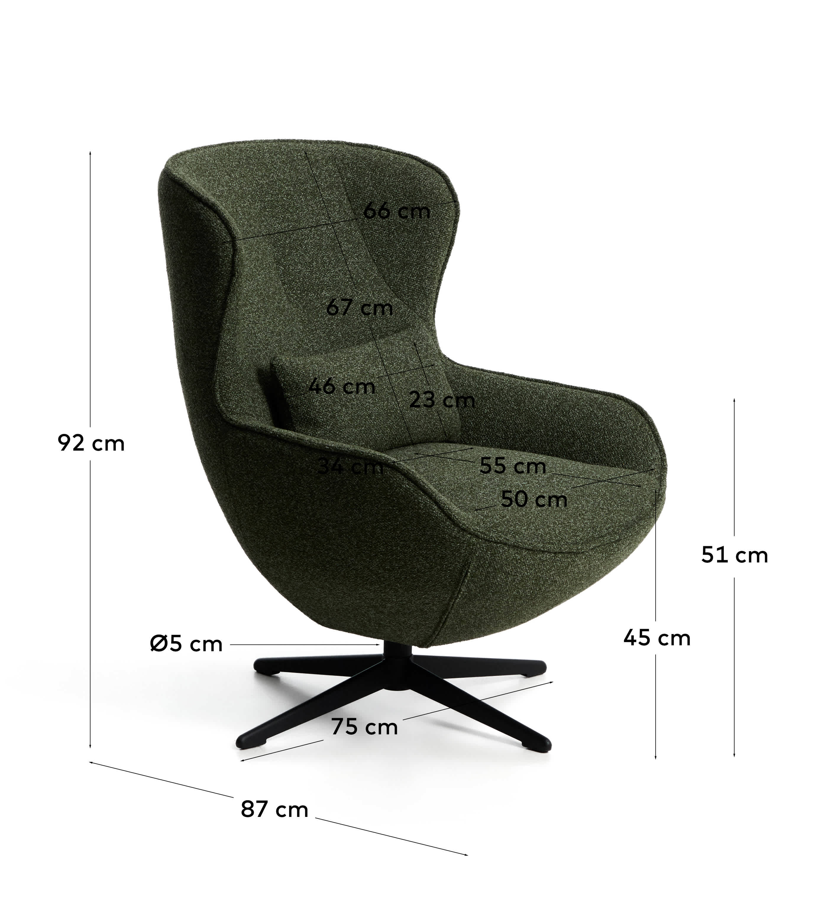 Sorile swivel armchair in dark green chenille and steel with black finish FSC 100%